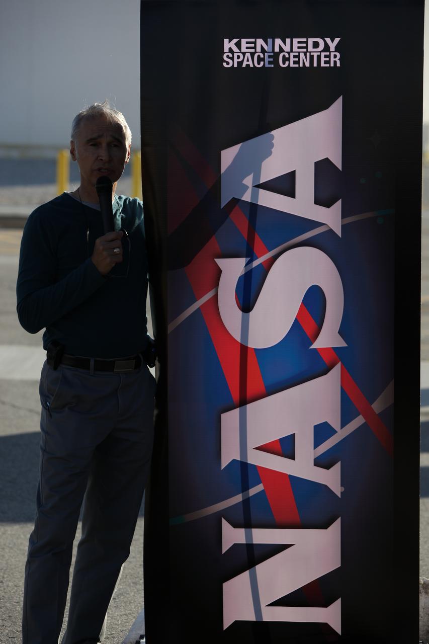 Ismael H. Otero, NASA Kennedy Space Center's project manager on the thermal energy program, addresses the news media and NASA Social about the new Thermal Energy Storage (TES) tank Feb. 17. The TES tank works like a giant battery and is saving the center utility cost. These savings will be applied to new sustainable projects at Kennedy. 