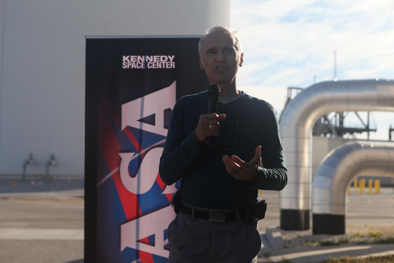 Ismael H. Otero, NASA Kennedy Space Center's project manager on the thermal energy program, addresses the news media and NASA Social about the new Thermal Energy Storage (TES) tank Feb. 17. The TES tank works like a giant battery and is saving the center utility cost. These savings will be applied to new sustainable projects at Kennedy. 