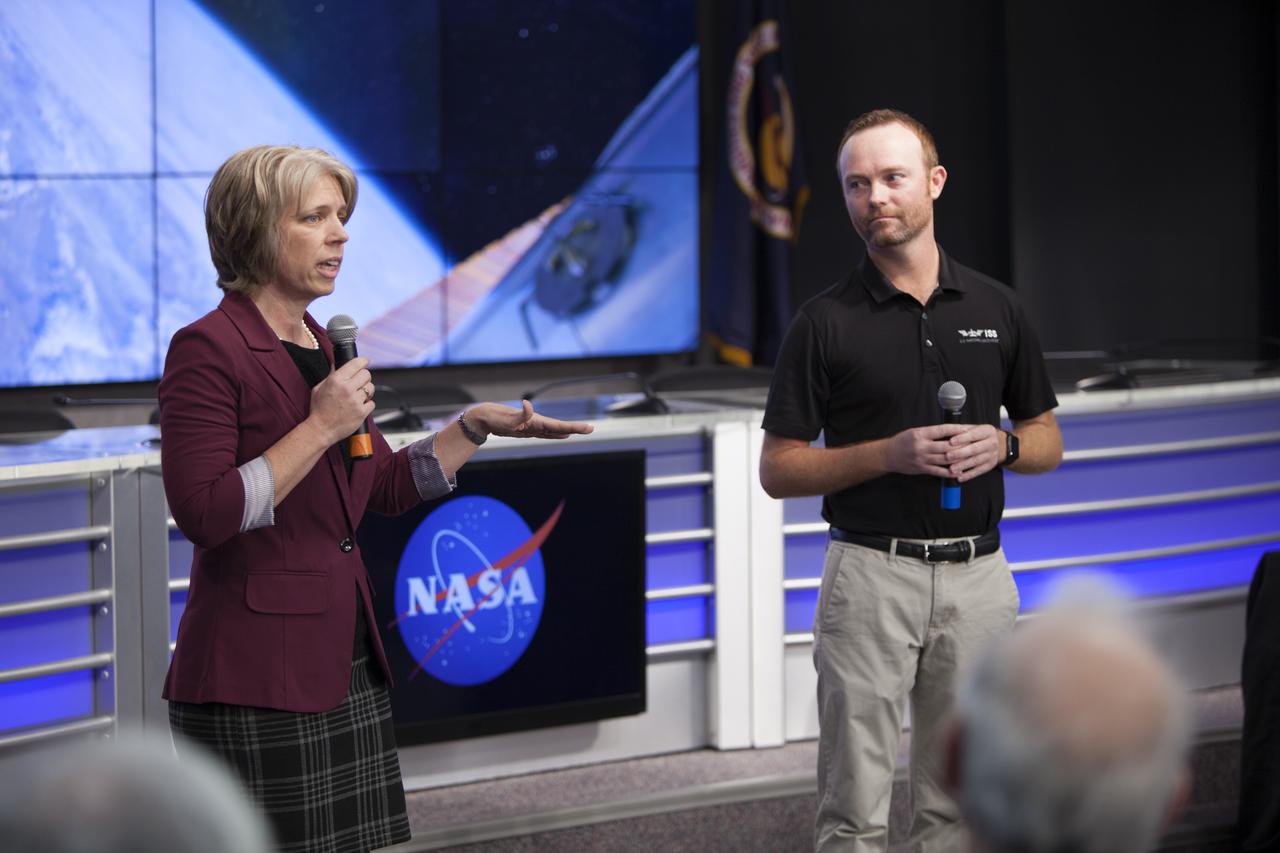 Tara Ruttley, NASA associate scientist for the International Space Station Program, left, and Patrick O'Nell, Marketing and Communications manager for the Center for the Advancement of Science in Space (CASIS), speak to members of social media in the Kennedy Space Center’s Press Site auditorium. The briefing focused on research planned for launch to the International Space Station. The scientific materials and supplies will be aboard a Dragon spacecraft scheduled for launch from Kennedy’s Launch Complex 39A on Feb. 18 atop a SpaceX Falcon 9 rocket on the company's 10th Commercial Resupply Services mission to the space station.