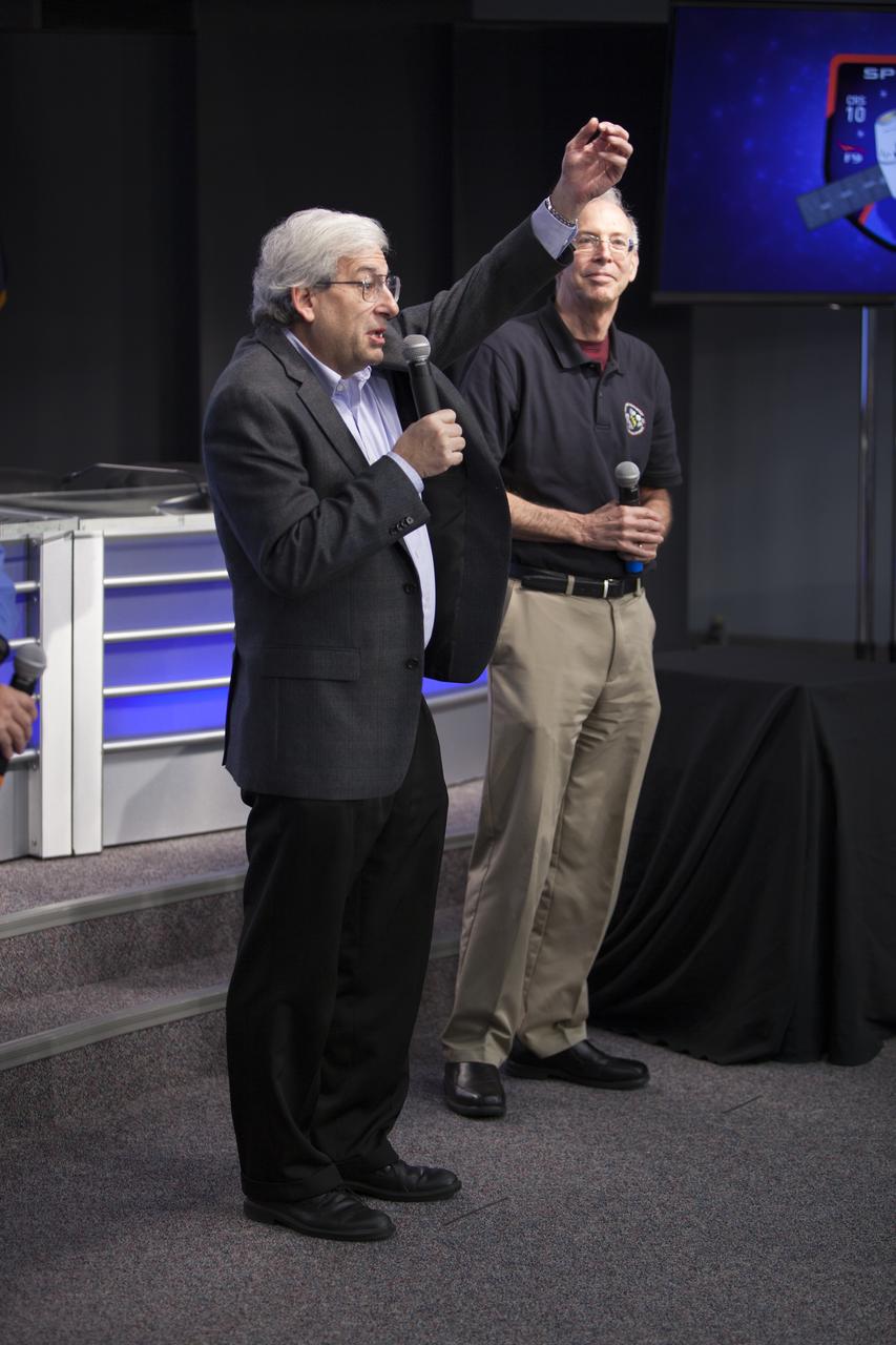 Speaking to members of the media in the Kennedy Space Center’s Press Site auditorium, Dr. Michael Freilich of the Earth Science Division at NASA Headquarters in Washington, D.C., left, and Dr. Richard Blakeslee of NASA’s Marshall Space Flight Center in Huntsville, Alabama, discussed instruments to be delivered to the International Space Station on the SpaceX CRS-10 mission. The Lightning Imaging Sensor (LIS) is to measure the amount, rate and energy of lightning around the world. The SAGE III instrument is designed to study ozone in the atmosphere. A Dragon spacecraft is scheduled to be launched from Kennedy’s Launch Complex 39A on Feb. 18 atop a SpaceX Falcon 9 rocket on the company's 10th Commercial Resupply Services mission to the space station.