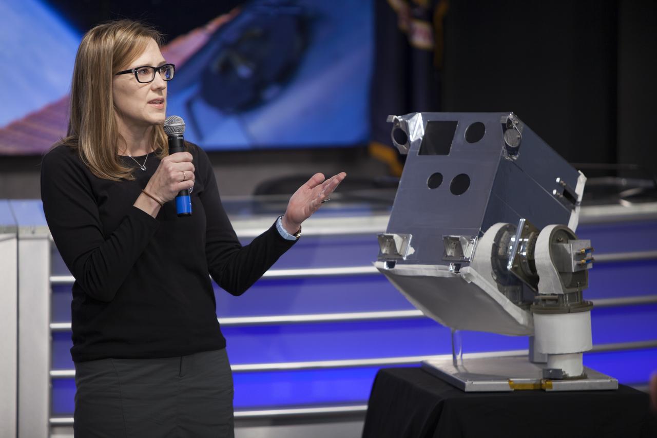 Jolyn Russell, deputy Robotics program manager at NASA’s Goddard Space Flight Center’s Satellite Servicing Projects Division in Maryland, speaks to members of social media in the Kennedy Space Center’s Press Site auditorium. The briefing focused on “Raven” research planned for the International Space Station. The Raven investigation studies a real-time robotic spacecraft navigation system that provides the eyes and intelligence to see a target and steer safely toward it. Raven will be part of experiments aboard a Dragon spacecraft scheduled for launch from Kennedy’s Launch Complex 39A on Feb. 18 atop a SpaceX Falcon 9 rocket on the company's 10th Commercial Resupply Services mission to the space station.