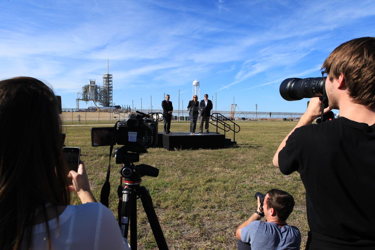 Gwynne Shotwell, president and chief operating officer of SpaceX, speaks to members of the news media at Launch Complex 39A. At left is Kennedy Space Center Director Bob Cabana. At right is Timothy Hughes, senior vice president and general counsel for SpaceX. On Feb. 18, a Falcon 9 rocket with a Dragon spacecraft atop is scheduled to lift off from the launch pad for the SpaceX CRS-10 mission. The historic site is where American astronauts first launched to the moon and was last used in 2011 for the final mission of the Space Shuttle Program. In April 2014, NASA officials signed a 20-year property agreement with SpaceX for use and operation of the launch pad for their Falcon 9 and Falcon 9 Heavy rockets. The SpaceX CRS-10 liftoff is another milestone further establishing Kennedy as a premier, multi-user spaceport. The Dragon spacecraft will deliver 5,000 pounds of supplies and research materials to the space station.