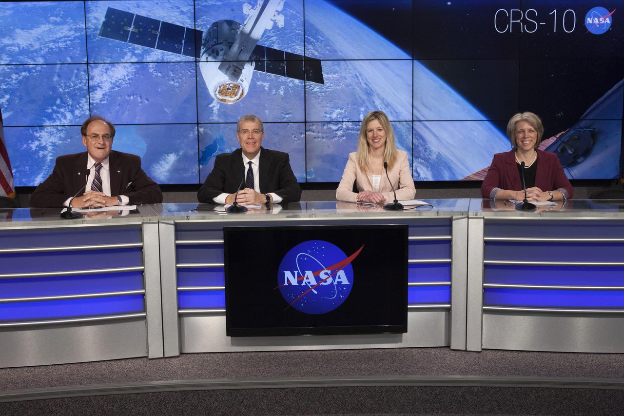 In the Kennedy Space Center’s Press Site auditorium, agency and industry leaders speak to members of the media at a prelaunch news conference for the SpaceX CRS-10 commercial resupply services mission to the International Space Station. From left are: George Diller of NASA Communications; Dan Hartman, deputy manager for the International Space Station Program at NASA's Johnson Space Center in Texas; Jessica Jensen, director of Dragon mission management for SpaceX; and Tara Ruttley, associate scientist for the International Space Station Program at Johnson. 