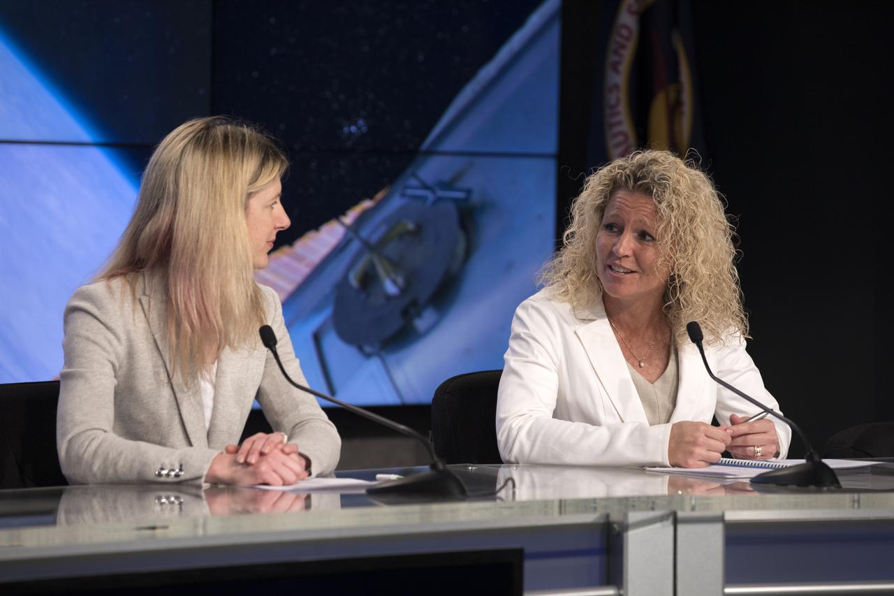 In the Press Site auditorium of NASA's Kennedy Space Center in Florida, NASA and industry leaders speak to media at a post-launch news conference following the liftoff of SpaceX CRS-10, a commercial resupply services mission to the International Space Station. From left are: Jessica Jensen, Dragon mission manager for SpaceX; and Pam Underwood, manager of the Operations Integration Division of the Federal Aviation Administration Office of Commercial Space Transportation. SpaceX CRS-10 lifted off atop a Falcon 9 rocket from Kennedy's Launch Complex 39A at 9:39 a.m. EST.