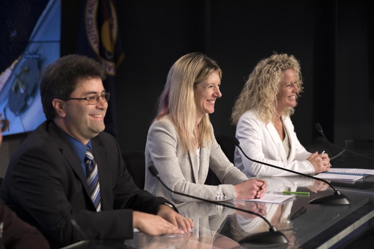 In the Press Site auditorium of NASA's Kennedy Space Center in Florida, NASA and industry leaders speak to media at a post-launch news conference following the liftoff of SpaceX CRS-10, a commercial resupply services mission to the International Space Station. From left are: William Spetch, deputy manager of the International Space Station Transportation Office; Jessica Jensen, Dragon mission manager for SpaceX; and Pam Underwood, manager of the Operations Integration Division of the Federal Aviation Administration Office of Commercial Space Transportation. SpaceX CRS-10 lifted off atop a Falcon 9 rocket from Kennedy's Launch Complex 39A at 9:39 a.m. EST.