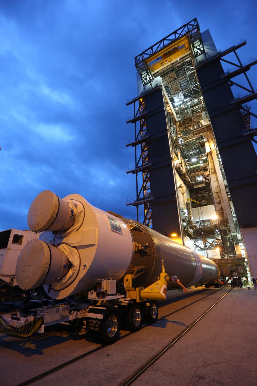 The first stage of the United Launch Alliance (ULA) Atlas V rocket arrives at the Vertical Integration Facility at Space Launch Complex 41 at Cape Canaveral Air Force Station in Florida. The rocket is being prepared for Orbital ATK's seventh commercial resupply mission, CRS-7, to the International Space Station. Orbital ATK's CYGNUS pressurized cargo module is scheduled to launch atop ULA's Atlas V rocket from Pad 41 on March 19, 2017. CYGNUS will deliver thousands of pounds of supplies, equipment and scientific research materials to the space station.