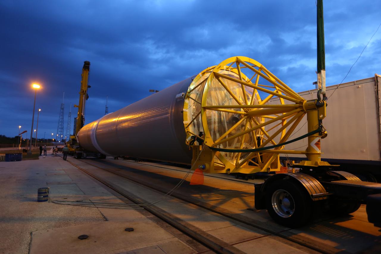 The first stage of the United Launch Alliance (ULA) Atlas V rocket arrives at the Vertical Integration Facility at Space Launch Complex 41 at Cape Canaveral Air Force Station in Florida. The rocket is being prepared for Orbital ATK's seventh commercial resupply mission, CRS-7, to the International Space Station. Orbital ATK's CYGNUS pressurized cargo module is scheduled to launch atop ULA's Atlas V rocket from Pad 41 on March 19, 2017. CYGNUS will deliver thousands of pounds of supplies, equipment and scientific research materials to the space station.