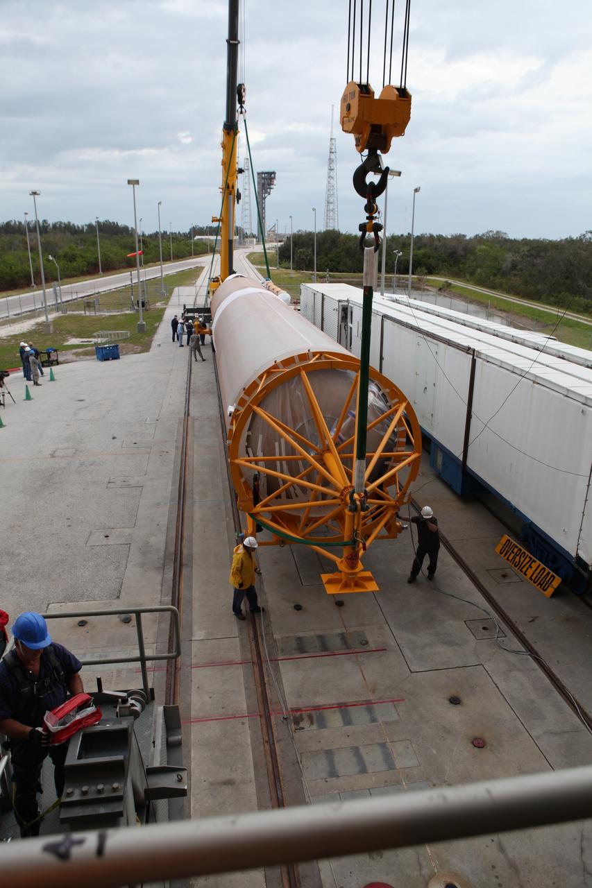 The first stage of the United Launch Alliance (ULA) Atlas V rocket arrives at the Vertical Integration Facility at Space Launch Complex 41 at Cape Canaveral Air Force Station in Florida. The rocket is being prepared for Orbital ATK's seventh commercial resupply mission, CRS-7, to the International Space Station. Orbital ATK's CYGNUS pressurized cargo module is scheduled to launch atop ULA's Atlas V rocket from Pad 41 on March 19, 2017. CYGNUS will deliver thousands of pounds of supplies, equipment and scientific research materials to the space station.