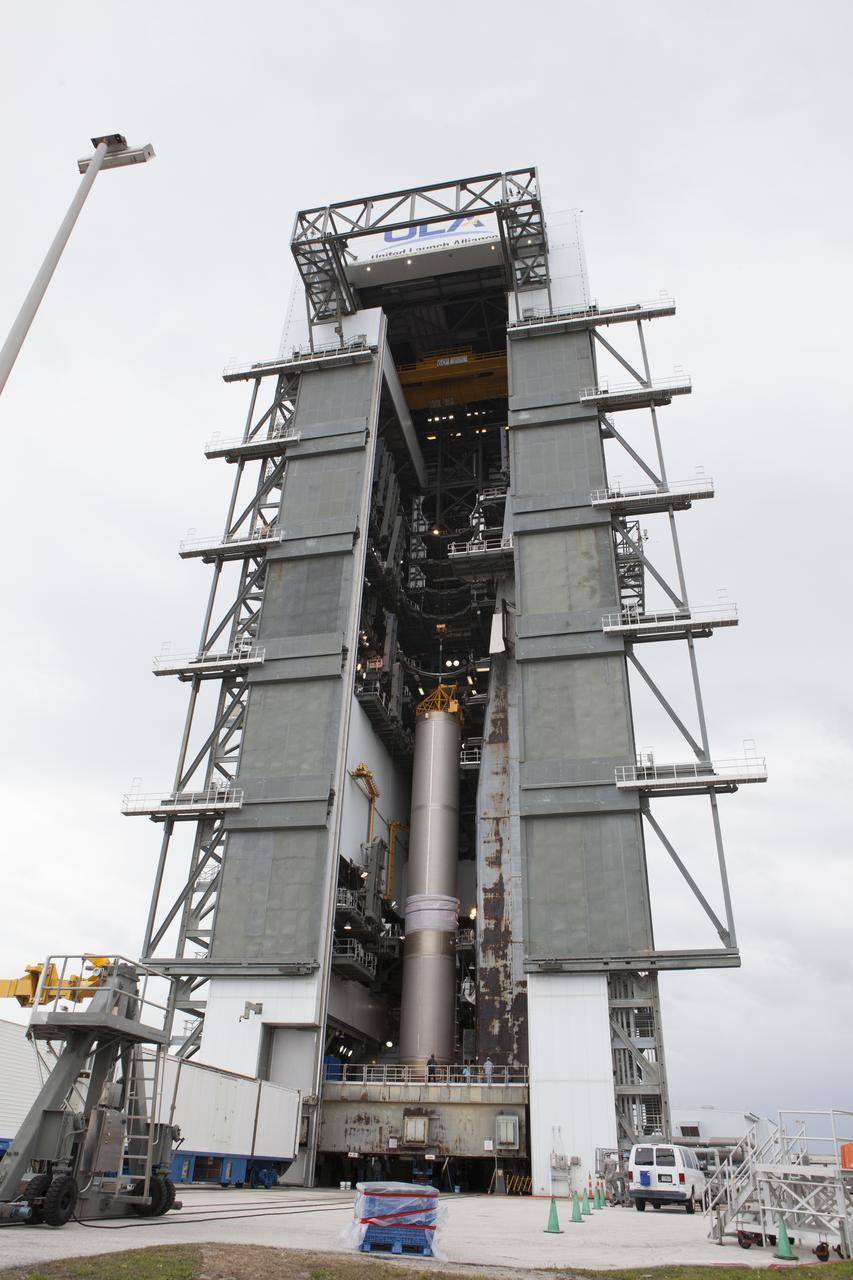 The first stage of the United Launch Alliance (ULA) Atlas V rocket was lifted to the vertical position inside the Vertical Integration Facility at Space Launch Complex 41 at Cape Canaveral Air Force Station in Florida. The rocket is being prepared for Orbital ATK's seventh commercial resupply mission, CRS-7, to the International Space Station. Orbital ATK's CYGNUS pressurized cargo module is scheduled to launch atop ULA's Atlas V rocket from Pad 41 on March 19, 2017. CYGNUS will deliver thousands of pounds of supplies, equipment and scientific research materials to the space station.
