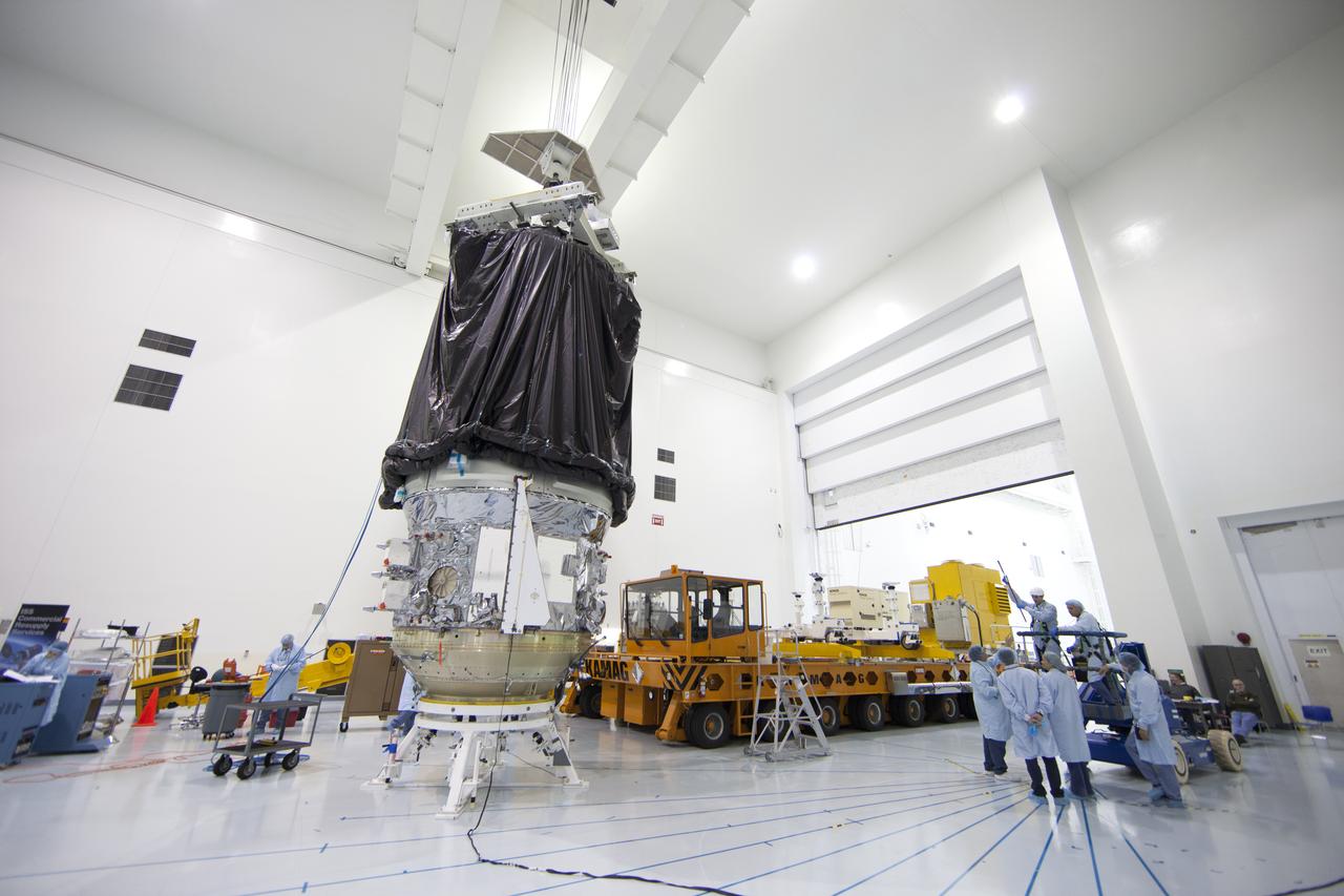 In the Space Station Processing Facility at NASA's Kennedy Space Center in Florida, preparations are underway to lift the Orbital ATK CYGNUS pressurized cargo module up from a work stand. The module will be secured on a KAMAG transporter for the trip to the Payload Hazardous Servicing Facility. The Orbital ATK CRS-7 commercial resupply services mission to the International Space Station is scheduled to launch atop a United Launch Alliance Atlas V rocket from Space Launch Complex 41 at Cape Canaveral Air Force Station on March 19, 2017. CYGNUS will deliver thousands of pounds of supplies, equipment and scientific research materials to the space station.