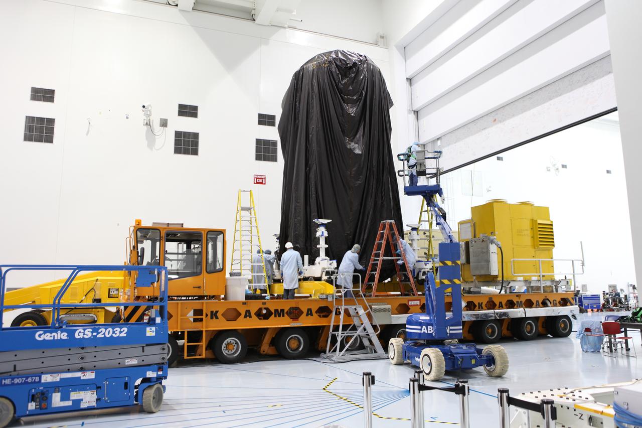 In the Space Station Processing Facility high bay at NASA's Kennedy Space Center in Florida, the Orbital ATK CYGNUS pressurized cargo module is secured the KAMAG transporter and the crane has been removed. Technicians have secured the protective covering around CYGNUS. The module will be transported to the Payload Hazardous Servicing Facility. The Orbital ATK CRS-7 commercial resupply services mission to the International Space Station is scheduled to launch atop a United Launch Alliance Atlas V rocket from Space Launch Complex 41 at Cape Canaveral Air Force Station on March 19, 2017. CYGNUS will deliver thousands of pounds of supplies, equipment and scientific research materials to the space station. 