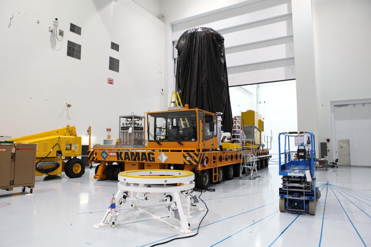 In the Space Station Processing Facility high bay at NASA's Kennedy Space Center in Florida, the Orbital ATK CYGNUS pressurized cargo module is secured the KAMAG transporter and the crane has been removed. Technicians have secured the protective covering around CYGNUS. The module will be transported to the Payload Hazardous Servicing Facility. The Orbital ATK CRS-7 commercial resupply services mission to the International Space Station is scheduled to launch atop a United Launch Alliance Atlas V rocket from Space Launch Complex 41 at Cape Canaveral Air Force Station on March 19, 2017. CYGNUS will deliver thousands of pounds of supplies, equipment and scientific research materials to the space station. 