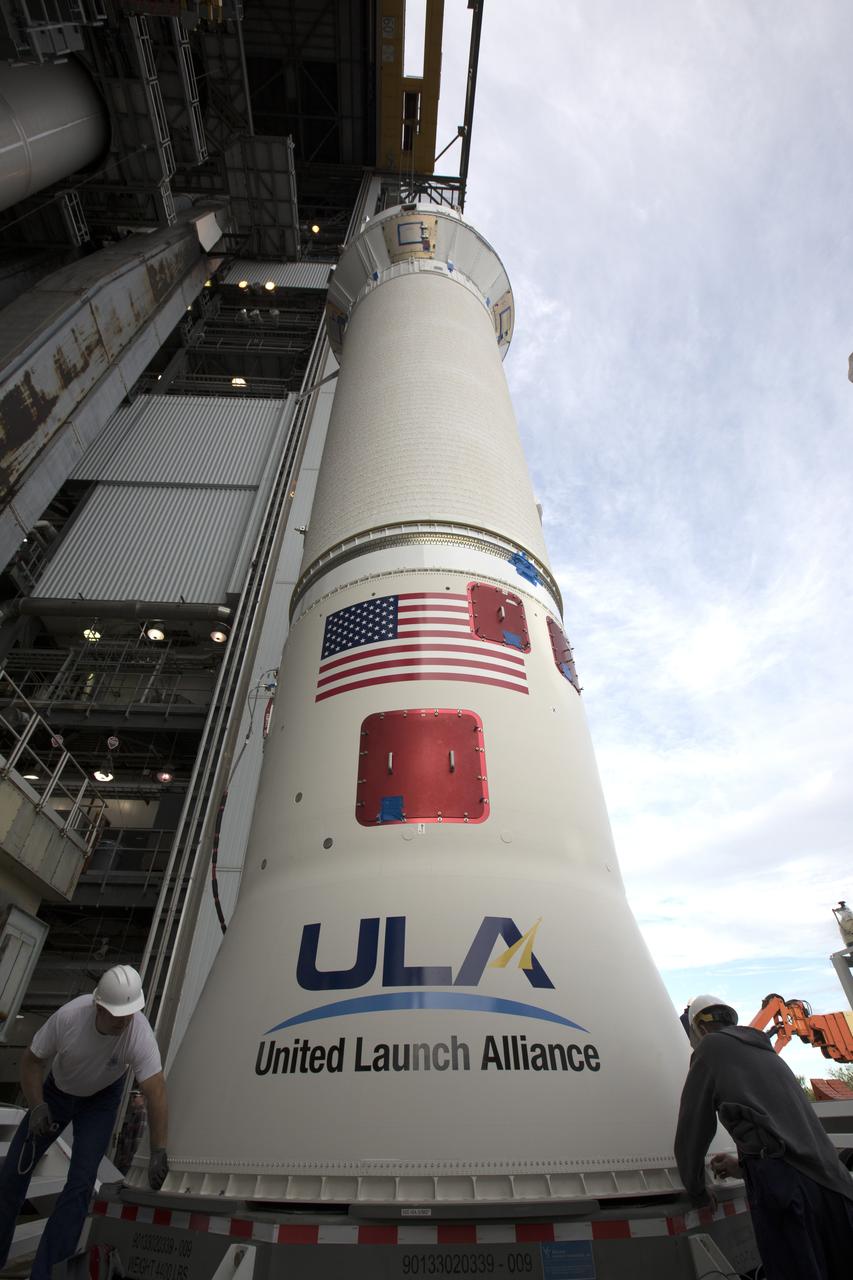 The Centaur upper stage of the United Launch Alliance (ULA) Atlas V rocket arrives at the Vertical Integration Facility at Space Launch Complex 41 at Cape Canaveral Air Force Station in Florida. The Centaur stage will be lifted and mated to the first stage booster. The rocket is being prepared for Orbital ATK's seventh commercial resupply mission, CRS-7, to the International Space Station. Orbital ATK's CYGNUS pressurized cargo module is scheduled to launch atop ULA's Atlas V rocket from Pad 41 on March 19, 2017. CYGNUS will deliver 7,600 of pounds of supplies, equipment and scientific research materials to the space station. 