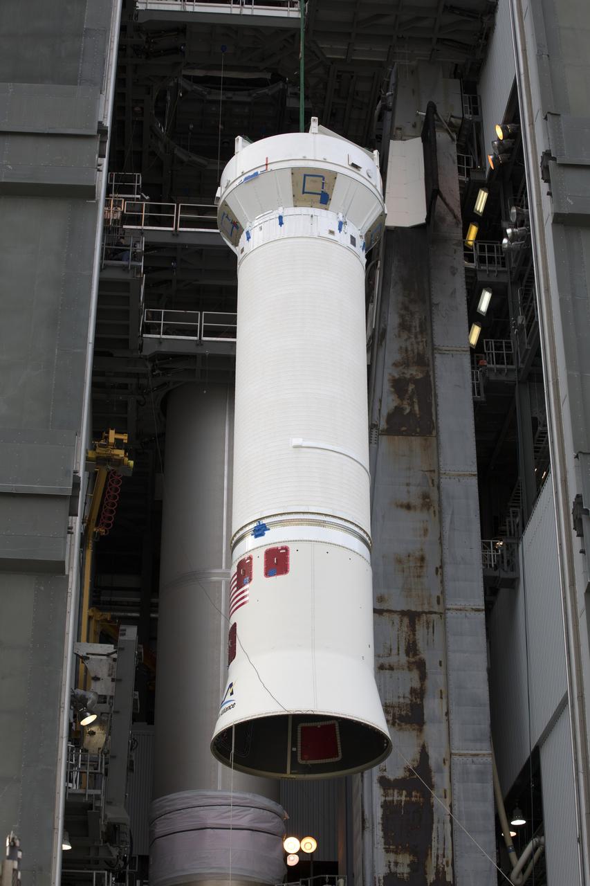 The Centaur upper stage of the United Launch Alliance (ULA) Atlas V rocket is lifted in the Vertical Integration Facility at Space Launch Complex 41 at Cape Canaveral Air Force Station in Florida. The Centaur stage will be mated to the first stage booster. The rocket is being prepared for Orbital ATK's seventh commercial resupply mission, CRS-7, to the International Space Station. Orbital ATK's CYGNUS pressurized cargo module is scheduled to launch atop ULA's Atlas V rocket from Pad 41 on March 19, 2017. CYGNUS will deliver 7,600 pounds of supplies, equipment and scientific research materials to the space station. 