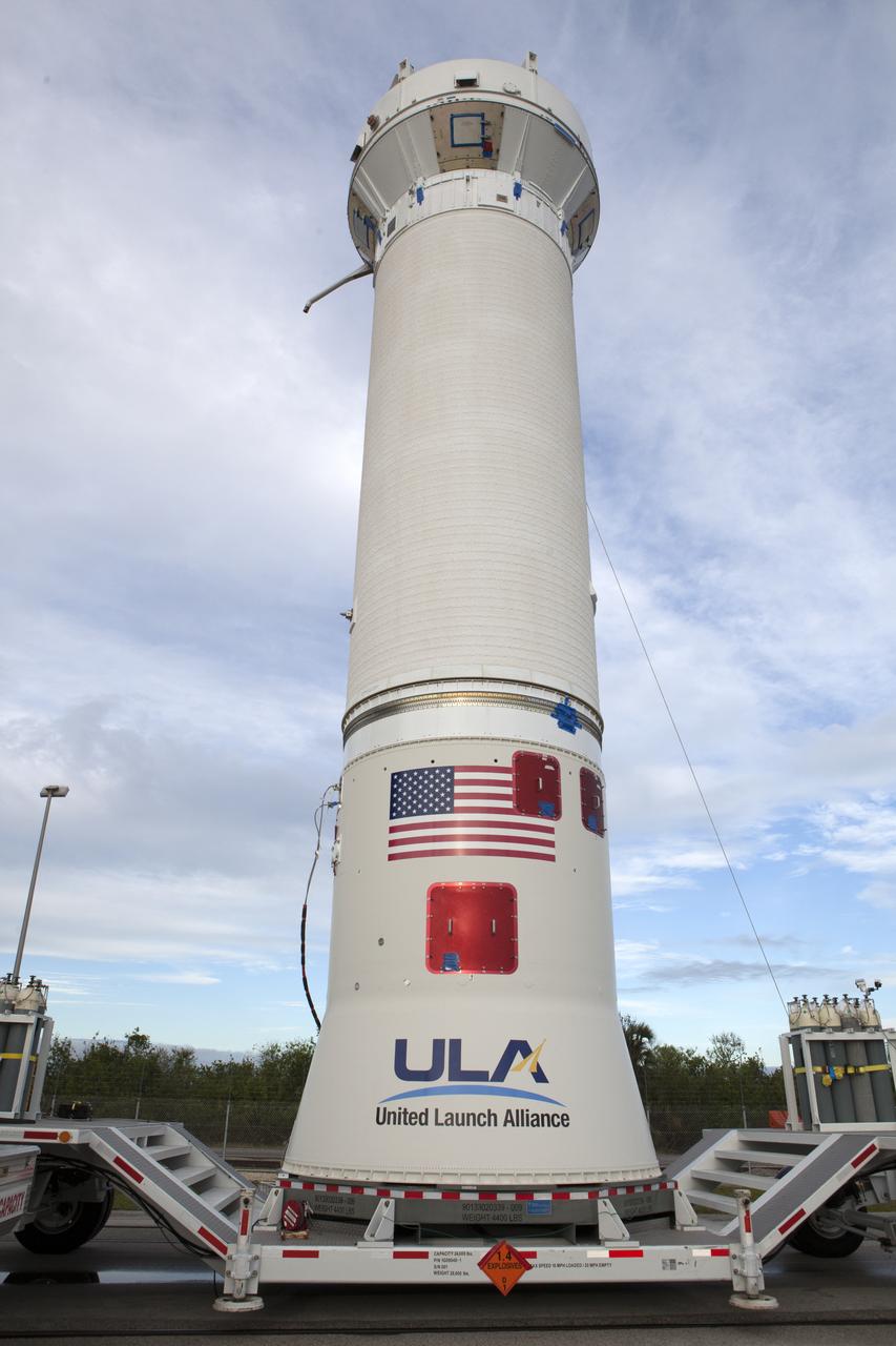 The Centaur upper stage of the United Launch Alliance (ULA) Atlas V rocket arrives at the Vertical Integration Facility at Space Launch Complex 41 at Cape Canaveral Air Force Station in Florida. The Centaur stage will be lifted and mated to the first stage booster. The rocket is being prepared for Orbital ATK's seventh commercial resupply mission, CRS-7, to the International Space Station. Orbital ATK's CYGNUS pressurized cargo module is scheduled to launch atop ULA's Atlas V rocket from Pad 41 on March 19, 2017. CYGNUS will deliver 7,600 pounds of supplies, equipment and scientific research materials to the space station.