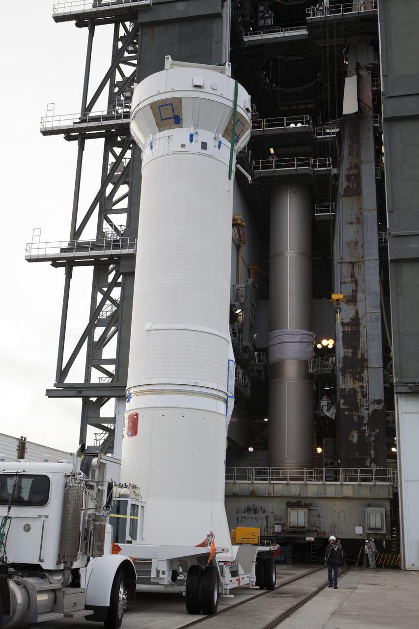 The Centaur upper stage of the United Launch Alliance (ULA) Atlas V rocket arrives at the Vertical Integration Facility at Space Launch Complex 41 at Cape Canaveral Air Force Station in Florida. The Centaur stage will be lifted and mated to the first stage booster. The rocket is being prepared for Orbital ATK's seventh commercial resupply mission, CRS-7, to the International Space Station. Orbital ATK's CYGNUS pressurized cargo module is scheduled to launch atop ULA's Atlas V rocket from Pad 41 on March 19, 2017. CYGNUS will deliver 7,600 pounds of supplies, equipment and scientific research materials to the space station.