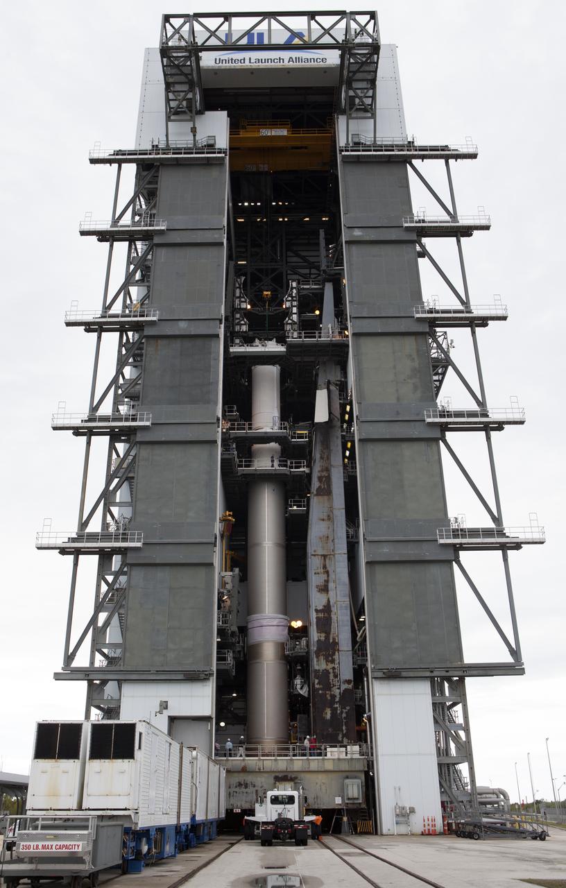 The Centaur upper stage of the United Launch Alliance (ULA) Atlas V rocket is secured on top of the first stage booster inside the Vertical Integration Facility at Space Launch Complex 41 at Cape Canaveral Air Force Station in Florida. The rocket is being prepared for Orbital ATK's seventh commercial resupply mission, CRS-7, to the International Space Station. Orbital ATK's CYGNUS pressurized cargo module is scheduled to launch atop ULA's Atlas V rocket from Pad 41 on March 19, 2017. CYGNUS will deliver 7,600 pounds of supplies, equipment and scientific research materials to the space station. 
