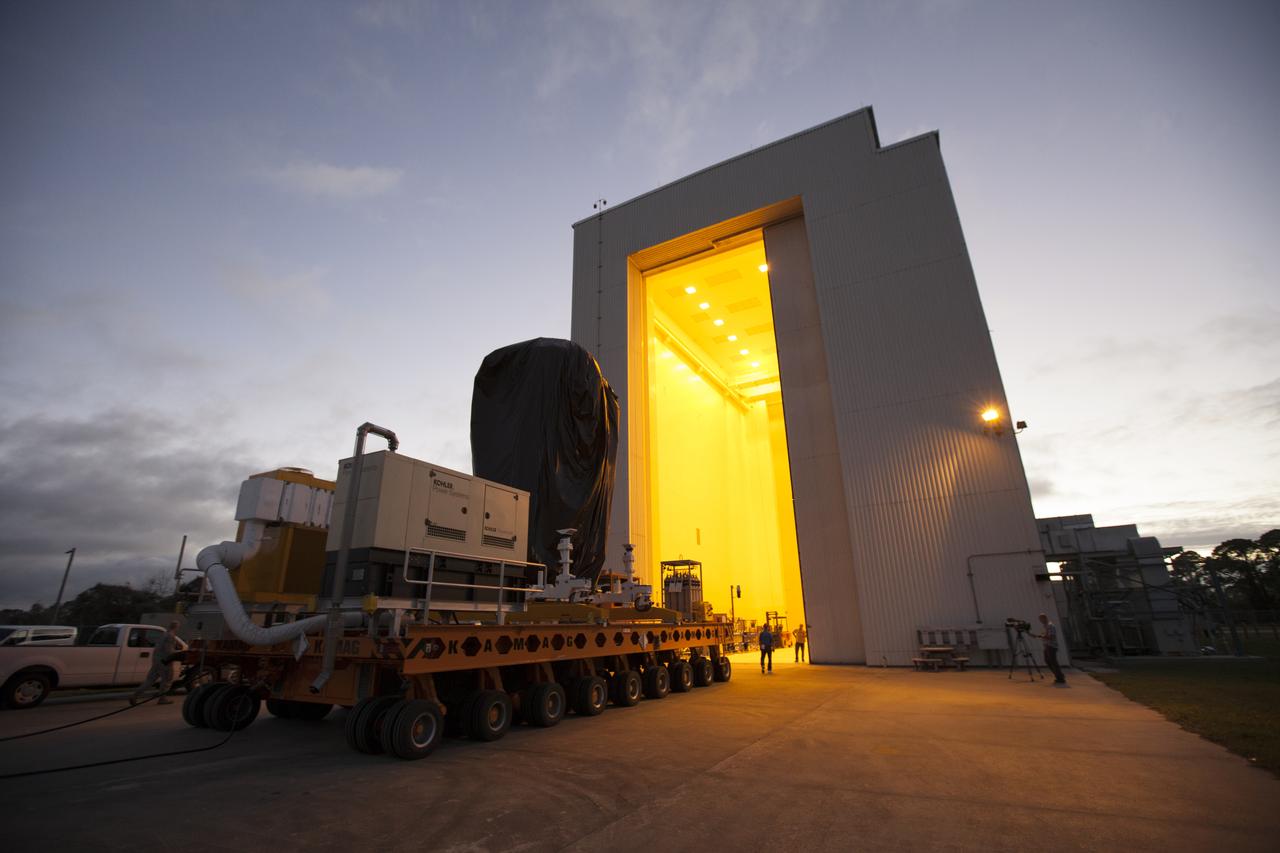 A KAMAG transporter with Orbital ATK's CYGNUS pressurized cargo module secured on top arrives at the Payload Hazardous Servicing Facility at NASA's Kennedy Space Center in Florida. CYGNUS will be moved inside the facility for final propellant loading and late cargo stowage. The Orbital ATK CRS-7 commercial resupply services mission to the International Space Station is scheduled to launch atop a United Launch Alliance Atlas V rocket from Space Launch Complex 41 at Cape Canaveral Air Force Station on March 19, 2017. CYGNUS will deliver thousands of pounds of supplies, equipment and scientific research materials to the space station. 