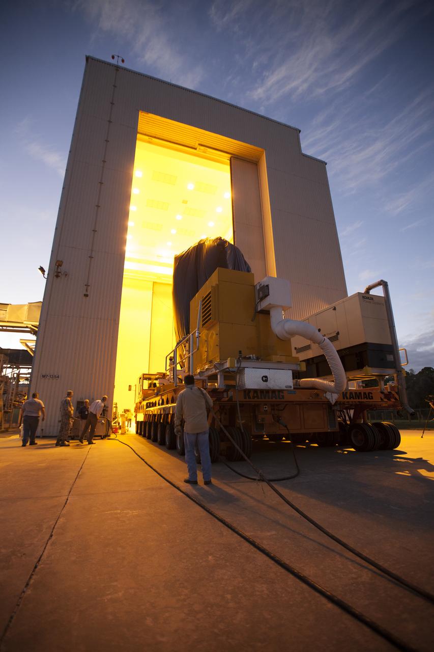 A KAMAG transporter with Orbital ATK's CYGNUS pressurized cargo module secured on top arrives at the Payload Hazardous Servicing Facility at NASA's Kennedy Space Center in Florida. CYGNUS will be moved inside the facility for final propellant loading and late cargo stowage. The Orbital ATK CRS-7 commercial resupply services mission to the International Space Station is scheduled to launch atop a United Launch Alliance Atlas V rocket from Space Launch Complex 41 at Cape Canaveral Air Force Station on March 19, 2017. CYGNUS will deliver thousands of pounds of supplies, equipment and scientific research materials to the space station. 
