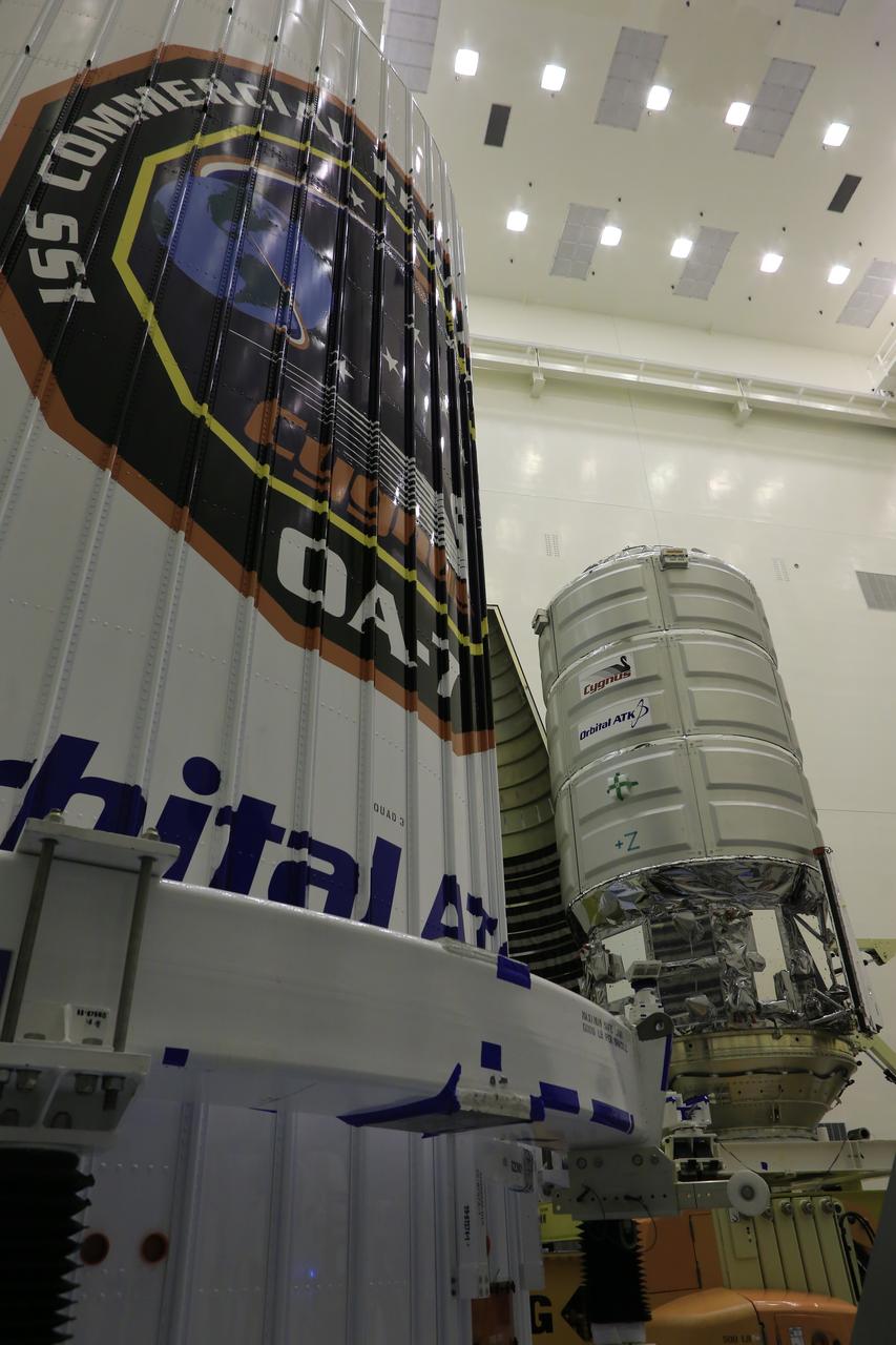 A KAMAG transporter with Orbital ATK's CYGNUS pressurized cargo module secured on top moves into the high bay of the Payload Hazardous Servicing Facility at NASA's Kennedy Space Center in Florida. Cygnus will be moved to a work stand for final propellant loading and late cargo stowage. The Orbital ATK CRS-7 commercial resupply services mission to the International Space Station is scheduled to launch atop a United Launch Alliance Atlas V rocket from Space Launch Complex 41 at Cape Canaveral Air Force Station on March 19, 2017. CYGNUS will deliver thousands of pounds of supplies, equipment and scientific research materials to the space station.