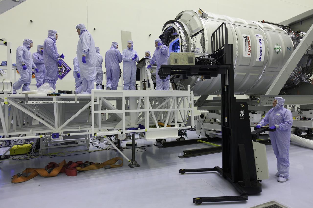 Inside the Payload Hazardous Servicing Facility at NASA's Kennedy Space Center in Florida, technicians prepare payloads for final cargo installation in the Orbital ATK Cygnus pressurized cargo module. The Orbital ATK CRS-7 commercial resupply services mission to the International Space Station is scheduled to launch atop a United Launch Alliance Atlas V rocket from Space Launch Complex 41 at Cape Canaveral Air Force Station no earlier than March 21, 2017. Cygnus will deliver 7,600 pounds of supplies, equipment and scientific research materials to the space station. 