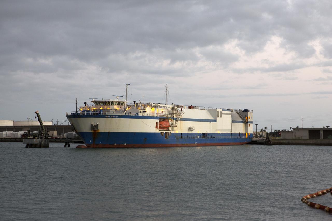 The Mariner barge arrives at Cape Canaveral Air Force Station in Florida, carrying the first integrated piece of flight hardware for NASA's Space Launch System (SLS) rocket, the Interim Cryogenic Propulsion Stage (ICPS). The ICPS was shipped from the United Launch Alliance (ULA) facility in Decatur, Alabama. The ICPS will be offloaded and transported to the ULA Horizontal Integration Facility where it will be removed from its flight case. The ICPS is the in-space stage that is located toward the top of the rocket, between the Launch Vehicle Stage Adapter and the Orion Spacecraft Adapter. It will provide some of the in-space propulsion during Orion's first flight test atop the SLS on Exploration Mission 1. 