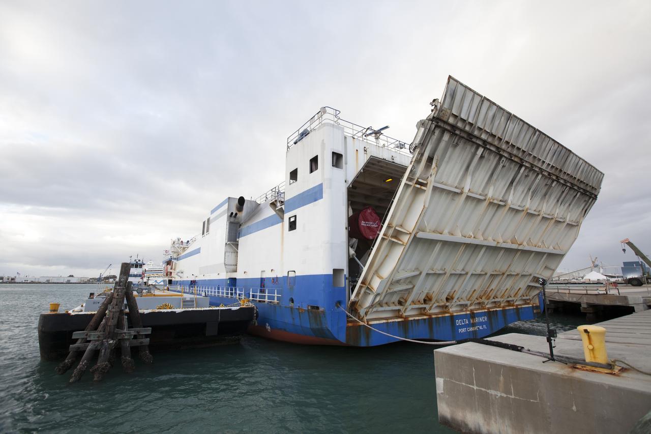 The Mariner barge arrives at a dock at Cape Canaveral Air Force Station in Florida, carrying the first integrated piece of flight hardware for NASA's Space Launch System (SLS) rocket, the Interim Cryogenic Propulsion Stage (ICPS). The ICPS was shipped from the United Launch Alliance (ULA) facility in Decatur, Alabama. The ICPS will be offloaded and transported to the ULA Horizontal Integration Facility where it will be removed from its flight case. The ICPS is the in-space stage that is located toward the top of the rocket, between the Launch Vehicle Stage Adapter and the Orion Spacecraft Adapter. It will provide some of the in-space propulsion during Orion's first flight test atop the SLS on Exploration Mission 1. 