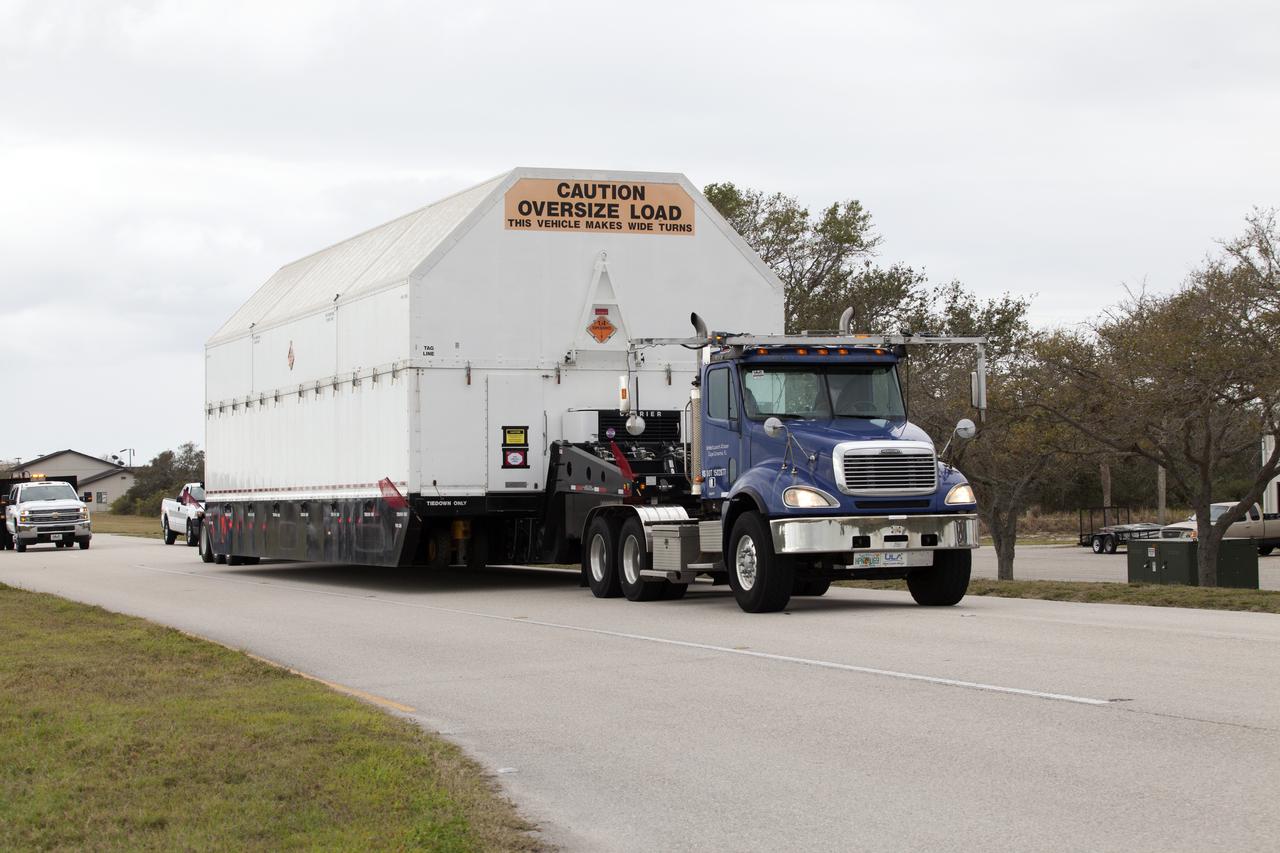 The first integrated piece of flight hardware for NASA's Space Launch System (SLS) rocket, the Interim Cryogenic Propulsion Stage (ICPS) was offloaded from the Mariner barge at Cape Canaveral Air Force Station in Florida, and is being transported to the United Launch Alliance (ULA) Horizontal Integration Facility where it will be removed from its flight case. The ICPS was shipped from the ULA facility in Decatur, Alabama. The ICPS is the in-space stage that is located toward the top of the rocket, between the Launch Vehicle Stage Adapter and the Orion Spacecraft Adapter. It will provide some of the in-space propulsion during Orion's first flight test atop the SLS on Exploration Mission 1. 