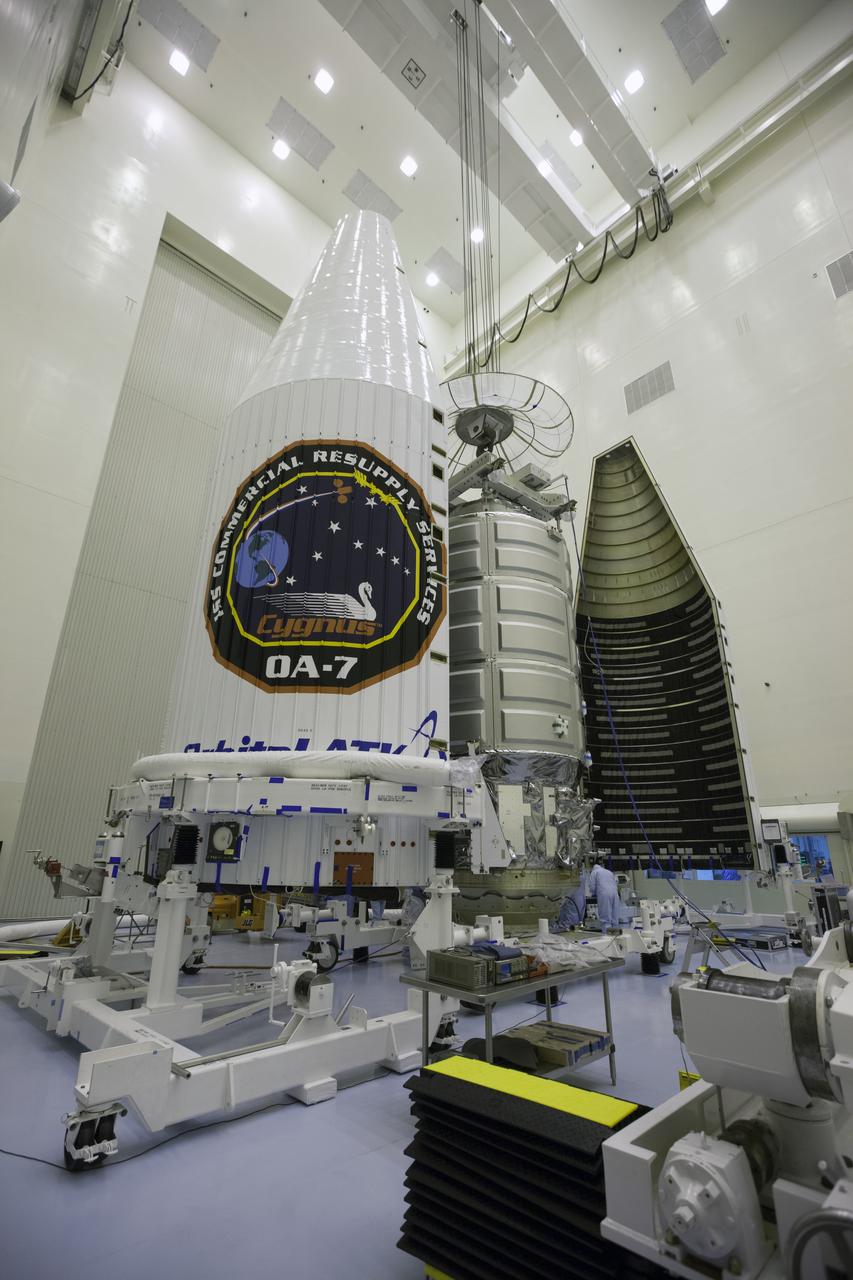 Members of the news media had the opportunity to view the Orbital ATK Cygnus spacecraft before it was enclosed in its payload fairing inside the Payload Hazardous Servicing Facility at NASA's Kennedy Space Center in Florida. The Orbital ATK CRS-7 commercial resupply services mission to the International Space Station is scheduled to launch atop a United Launch Alliance Atlas V rocket from Space Launch Complex 41 at Cape Canaveral Air Force Station on March 19, 2017. CYGNUS will deliver 7,600 of pounds of supplies, equipment and scientific research materials to the space station.