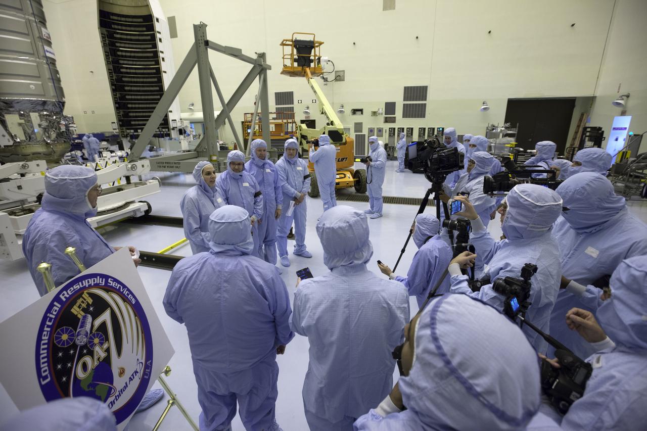 Members of the news media had the opportunity to view the Orbital ATK Cygnus spacecraft before it was enclosed in its payload fairing inside the Payload Hazardous Servicing Facility at NASA's Kennedy Space Center in Florida. They also heard from representatives from Orbital ATK, United Launch Alliance and the International Space Station Office at the agency's Johnson Space Center in Houston. The Orbital ATK CRS-7 commercial resupply services mission to the International Space Station is scheduled to launch atop a United Launch Alliance Atlas V rocket from Space Launch Complex 41 at Cape Canaveral Air Force Station on March 19, 2017. CYGNUS will deliver 7,600 of pounds of supplies, equipment and scientific research materials to the space station.