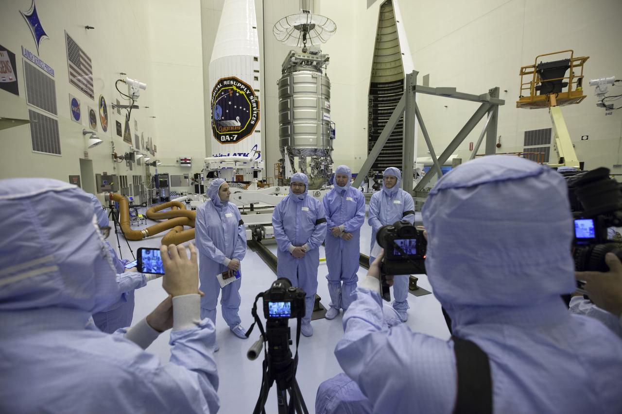 Members of the news media had the opportunity to view the Orbital ATK Cygnus spacecraft before it was enclosed in its payload fairing inside the Payload Hazardous Servicing Facility at NASA's Kennedy Space Center in Florida. They also heard from representatives from Orbital ATK, United Launch Alliance and the International Space Station Office at the agency's Johnson Space Center in Houston. The Orbital ATK CRS-7 commercial resupply services mission to the International Space Station is scheduled to launch atop a United Launch Alliance Atlas V rocket from Space Launch Complex 41 at Cape Canaveral Air Force Station on March 19, 2017. CYGNUS will deliver 7,600 of pounds of supplies, equipment and scientific research materials to the space station. 