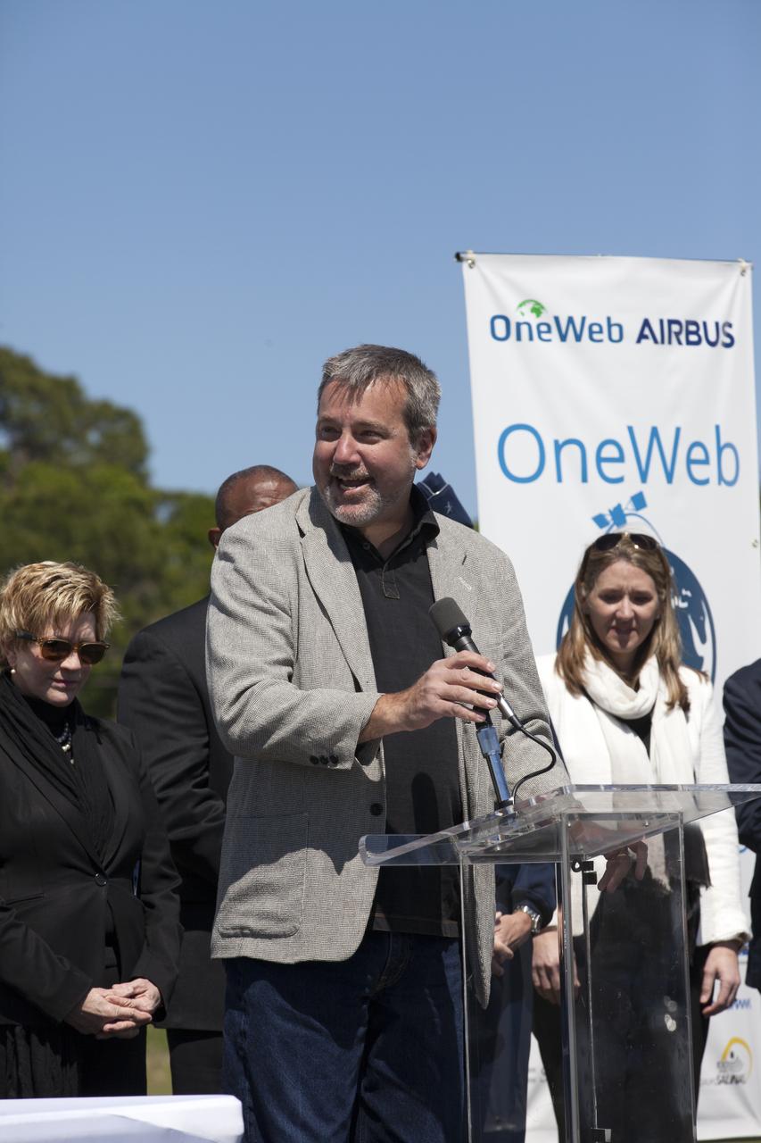 Brian Holz, CEO of OneWeb Satellites, speaks during the groundbreaking ceremony at Kennedy's Exploration Park for OneWeb. The company, in partnership with Airbus, is building a 150,000-square-foot factory to manufacture satellites that will connect all areas of the world to the Internet wirelessly. Photo credit: NASA/Kim Shiflett