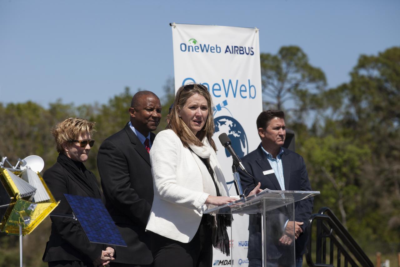Cissy Procter, executive director of the Florida Department of Economic Activity, speaks during the groundbreaking ceremony at Kennedy's Exploration Park for OneWeb. The company, in partnership with Airbus, is building a 150,000-square-foot factory to manufacture satellites that will connect all areas of the world to the Internet wirelessly. Photo credit: NASA/Kim Shiflett