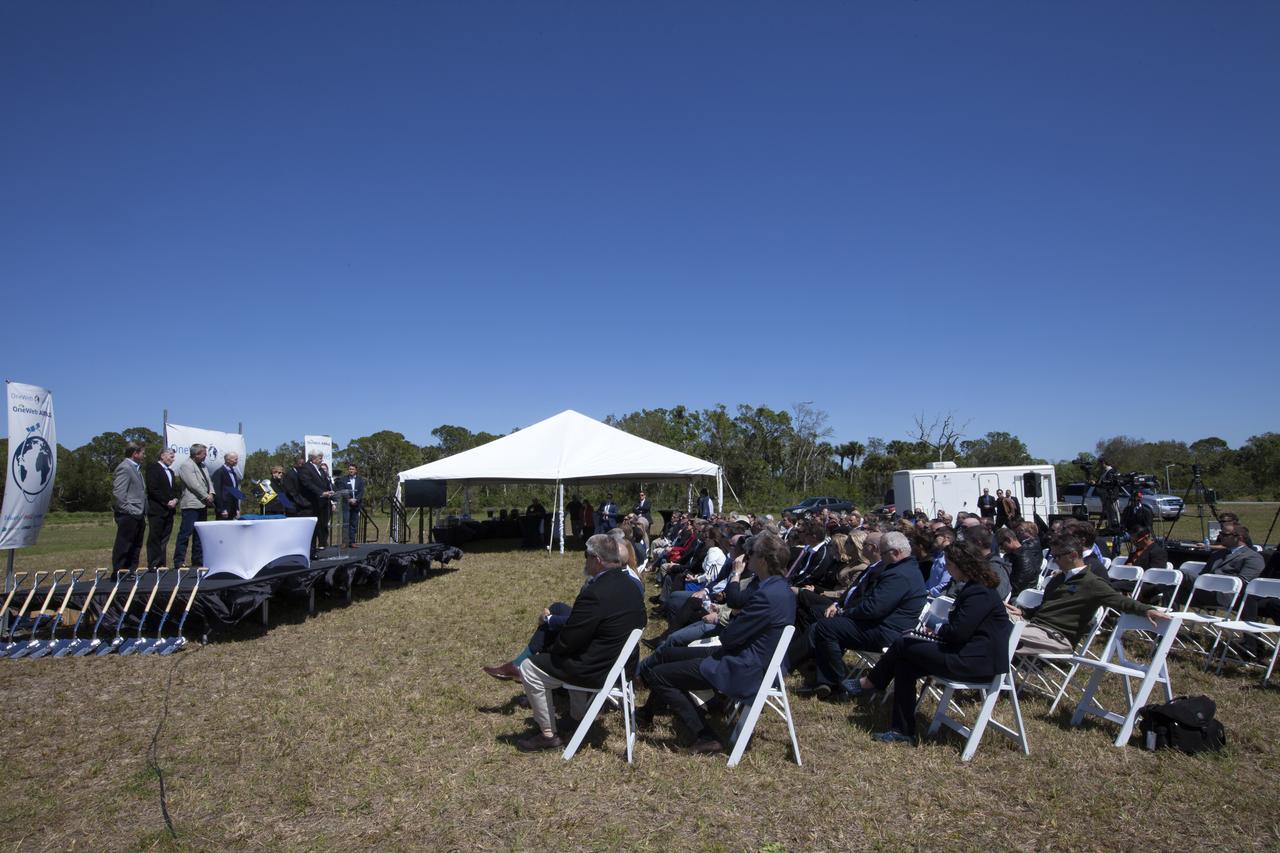 Jim Kuzma, COO of Space Florida, speaks during the groundbreaking ceremony at Kennedy's Exploration Park for OneWeb. The company, in partnership with Airbus, is building a 150,000-square-foot factory to manufacture satellites that will connect all areas of the world to the Internet wirelessly. Photo credit: NASA/Kim Shiflett