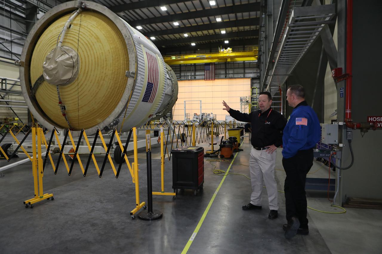 Inside the United Launch Alliance Horizontal Integration Facility at Cape Canaveral Air Force Station in Florida, NASA astronaut Barry "Butch" Wilmore views the first integrated piece of flight hardware for NASA's Space Launch System (SLS) rocket, the Interim Cryogenic Propulsion Stage (ICPS). The ICPS is the in-space stage that is located toward the top of the rocket, between the Launch Vehicle Stage Adapter and the Orion Spacecraft Adapter. It will provide some of the in-space propulsion during Orion's first flight test atop the SLS on Exploration Mission 1.