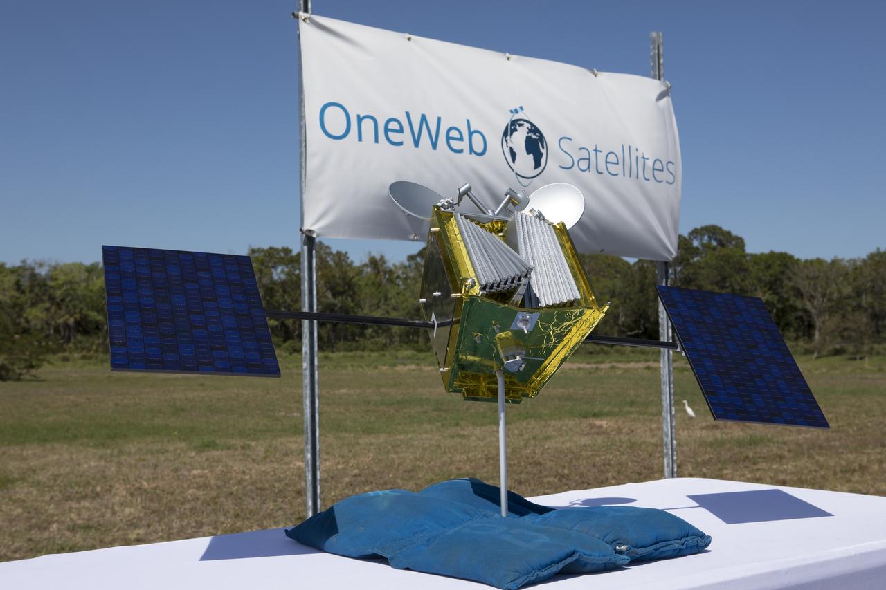 A model of a OneWeb satellite like those the company will build to will connect all areas of the world to the Internet wirelessly. The company plans to launch 2,000 of the satellites as part of its constellation. The satellites will be built at a new factory at Exploration Park at NASA's Kennedy Space Center. The company held a groundbreaking ceremony for the factory. Photo credit: NASA/Kim Shiflett