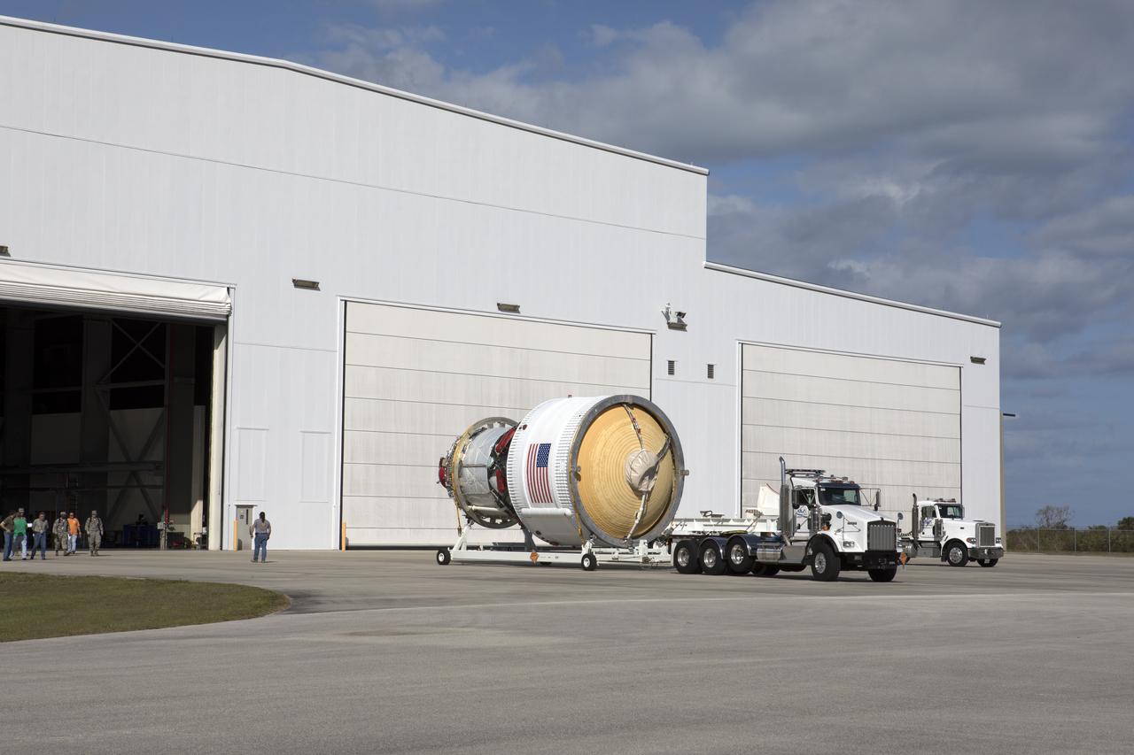 The Interim Cryogenic Propulsion Stage (ICPS) for NASA's Space Launch System (SLS) rocket has been moved on its transport stand by truck out of the United Launch Alliance (ULA) Horizontal Integration Facility near Space Launch Complex 37 at Cape Canaveral Air Force Station in Florida. The ICPS will be transported to the Delta Operations Center. The ICPS is the first integrated piece of flight hardware to arrive for the SLS. It is the in-space stage that is located toward the top of the rocket, between the Launch Vehicle Stage Adapter and the Orion Spacecraft Adapter. It will provide some of the in-space propulsion during Orion's first flight test atop the SLS on Exploration Mission-1. 