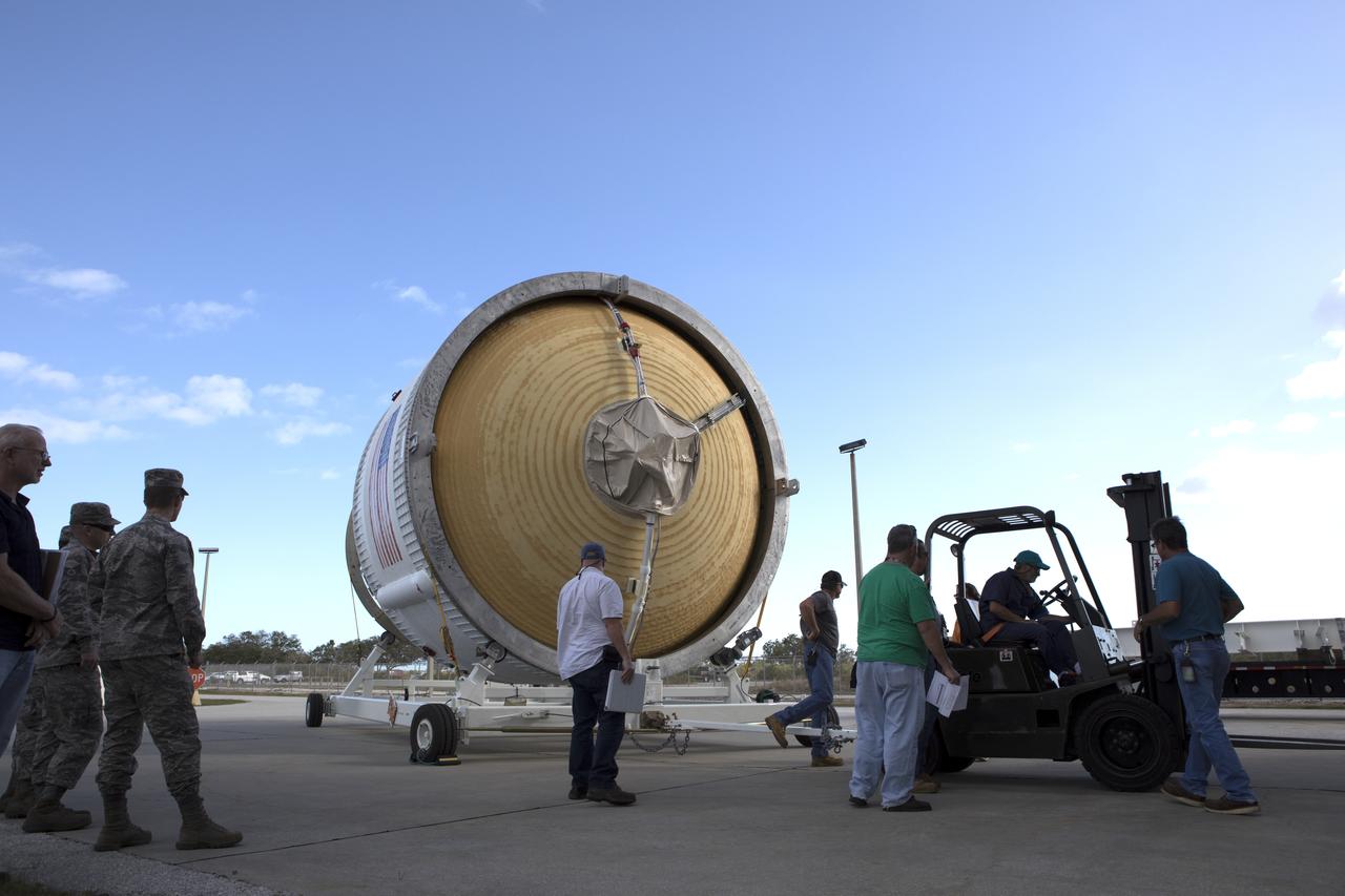 The Interim Cryogenic Propulsion Stage (ICPS) for NASA's Space Launch System rocket arrives at the Delta Operations Center at Cape Canaveral Air Force Station in Florida. The ICPS was moved from the United Launch Alliance (ULA) Horizontal Integration Facility near Space Launch Complex 37 at the Cape. The ICPS is the first integrated piece of flight hardware to arrive for the SLS. It is the in-space stage that is located toward the top of the rocket, between the Launch Vehicle Stage Adapter and the Orion Spacecraft Adapter. It will provide some of the in-space propulsion during Orion's first flight test atop the SLS on Exploration Mission-1.