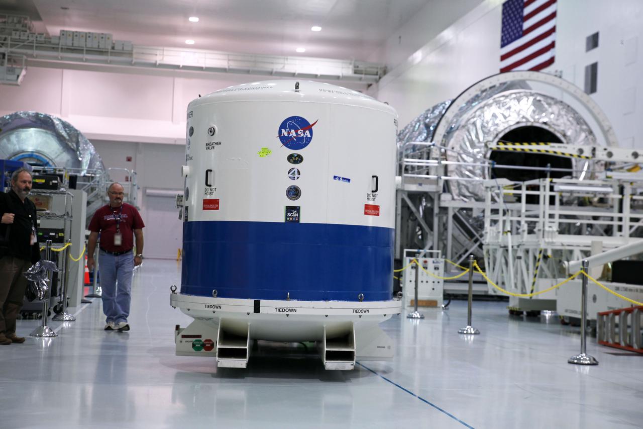 Inside the Space Station Processing Facility high bay at NASA's Kennedy Space Center in Florida, the Neutron star Interior Composition Explorer, or NICER, payload is secured inside a protective container. NICER will be delivered to the International Space Station aboard the SpaceX Dragon cargo carrier on the company’s 11th commercial resupply services mission to the space station. NICER will study neutron stars through soft X-ray timing. NICER will enable rotation-resolved spectroscopy of the thermal and non-thermal emissions of neutron stars in the soft X-ray band with unprecedented sensitivity, probing interior structure, the origins of dynamic phenomena and the mechanisms that underlie the most powerful cosmic particle accelerators known. 