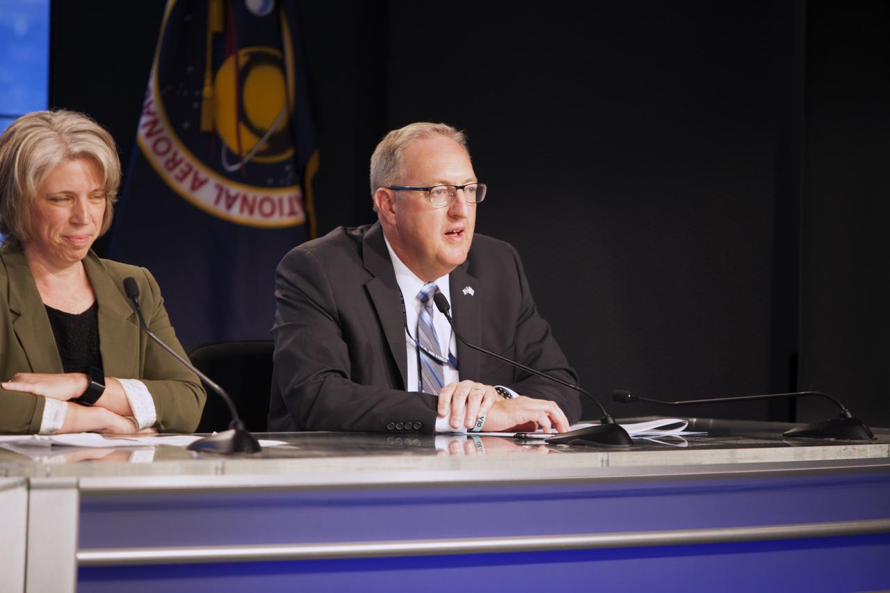 A prelaunch status briefing for Orbital ATK's seventh commercial resupply mission, CRS-7, to the International Space Station, is held at NASA Kennedy Space Center's Press Site in Florida. Participating in the briefing are, from left, Tara Ruttley, Johnson Space Center Program Science Office; and David Craft, weather officer, 45th Weather Squadron. Orbital ATK's Cygnus pressurized cargo module is set to launch atop the ULA Atlas V rocket from Space Launch Complex 41 at Cape Canaveral Air Force Station on April 18. Cygnus will deliver 7,600 pounds of supplies, equipment and scientific research materials to the space station. Liftoff is scheduled for 11:11 a.m. EDT. 