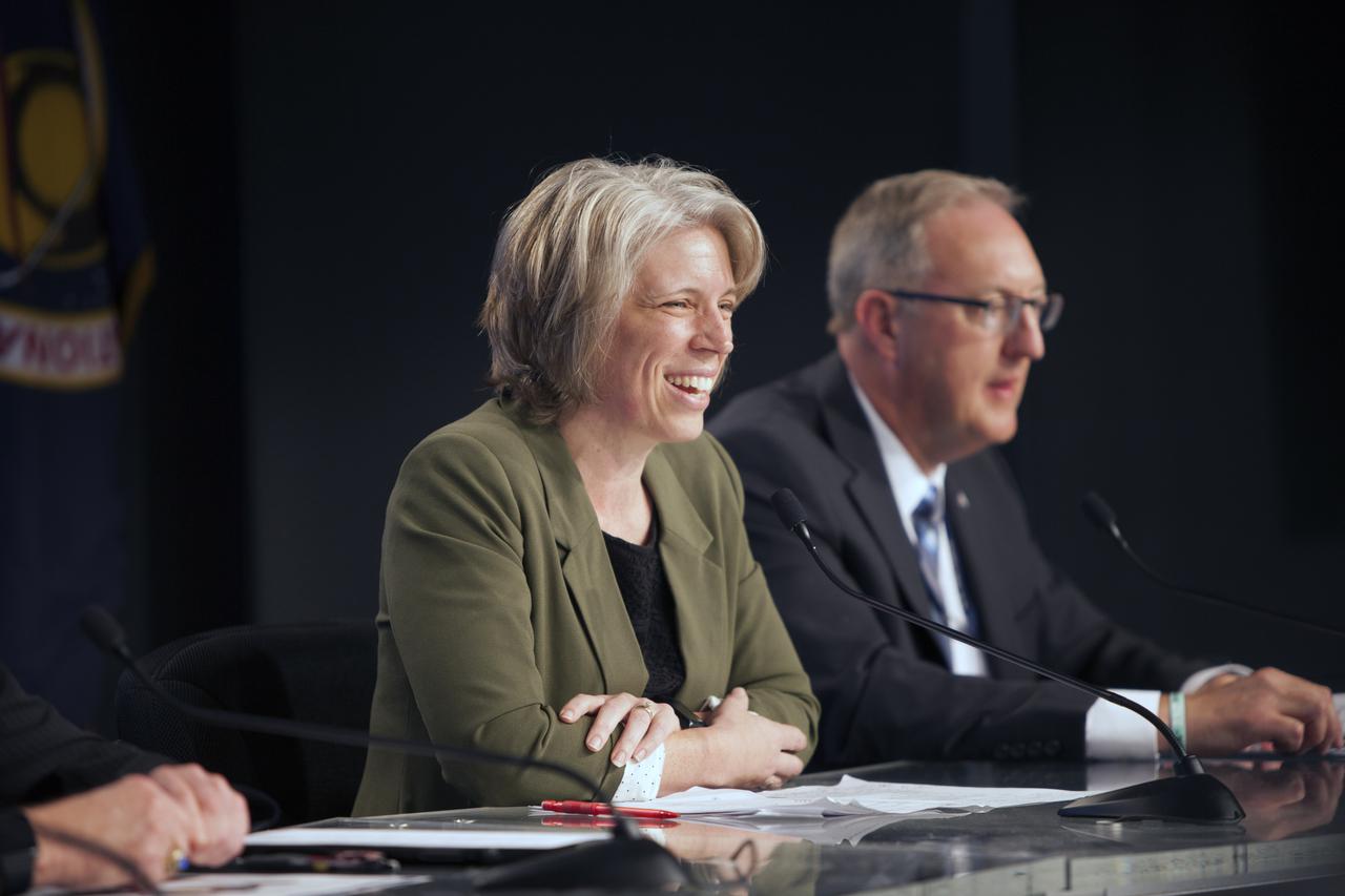 A prelaunch status briefing for Orbital ATK's seventh commercial resupply mission, CRS-7, to the International Space Station, is held at NASA Kennedy Space Center's Press Site in Florida. Participating in the briefing are, from left, Tara Ruttley, Johnson Space Center Program Science Office; and David Craft, weather officer, 45th Weather Squadron. Orbital ATK's Cygnus pressurized cargo module is set to launch atop the ULA Atlas V rocket from Space Launch Complex 41 at Cape Canaveral Air Force Station on April 18. Cygnus will deliver 7,600 pounds of supplies, equipment and scientific research materials to the space station. Liftoff is scheduled for 11:11 a.m. EDT. 