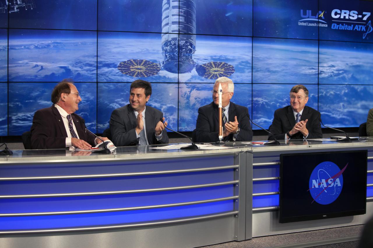 A prelaunch status briefing for Orbital ATK's seventh commercial resupply mission, CRS-7, to the International Space Station, is held at NASA Kennedy Space Center's Press Site in Florida. Participating in the briefing are, from left, George Diller, NASA Kennedy Public Affairs; Joel Montalbano, deputy manager, NASA International Space Station Program; Vern Thorp, program manager, commercial missions, United Launch Alliance; and Frank Culbertson, Space Systems Group president, Orbital ATK. Orbital ATK's Cygnus pressurized cargo module is set to launch atop the ULA Atlas V rocket from Space Launch Complex 41 at Cape Canaveral Air Force Station on April 18. Cygnus will deliver 7,600 pounds of supplies, equipment and scientific research materials to the space station. Liftoff is scheduled for 11:11 a.m. EDT. 