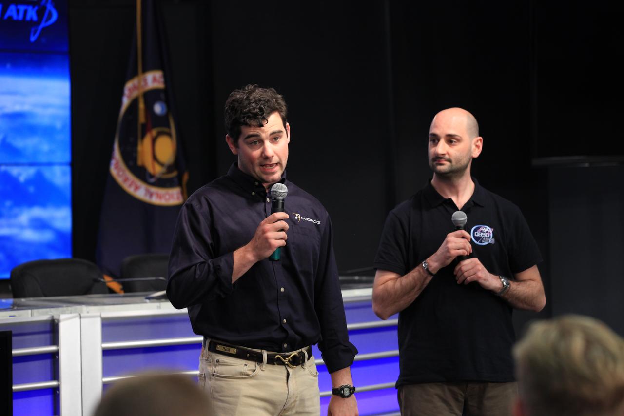 Henry Martin, left, external payloads coordinator with NanoRacks, and Davide Massuti, QB50 CubeSats at Von Karman Institute, talk to NASA Social participants during a science briefing at the agency's Kennedy Space Center in Florida. The briefing was for Orbital ATK's commercial resupply services mission, CRS-7, to the International Space Station. Orbital ATK's Cygnus pressurized cargo module is set to launch on the United Launch Alliance Atlas V rocket from Space Launch Complex 41 at Cape Canaveral Air Force Station on April 18. Liftoff is scheduled for 11:11 a.m. EDT. 