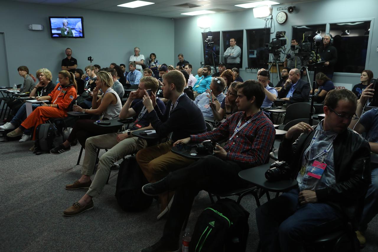 NASA Social participants attend a "What's on Board" science, research and technology briefing at NASA's Kennedy Space Center in Florida, for Orbital ATK's seventh commercial resupply services mission, CRS-7, to the International Space Station. Participants discussed some of the science launching to the space station, including the Advanced Plant Habitat, 3-D cell tools, and CubeSats set to deploy from space. Orbital ATK's Cygnus pressurized cargo module is set to launch on the United Launch Alliance Atlas V rocket from Space Launch Complex 41 at Cape Canaveral Air Force Station on April 18. Liftoff is scheduled for 11:11 a.m. EDT.