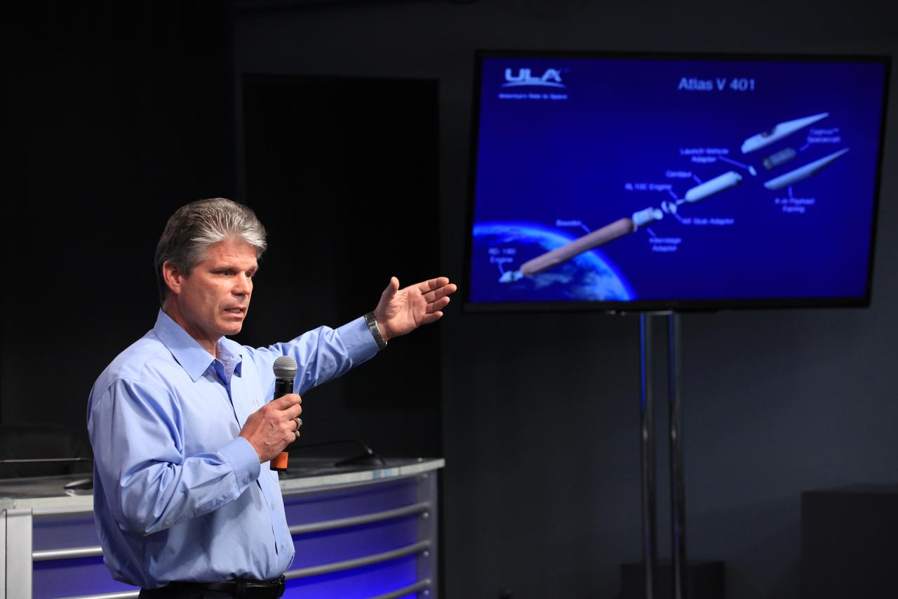 NASA Social participants attend a "What's on Board" science briefing at the agency's Kennedy Space Center in Florida. Joe Fust, mission integrator for United Launch Alliance, gives an overview of the Atlas V rocket that will launch the Orbital ATK Cygnus pressurized cargo module to the International Space Station. The briefing is for Orbital ATK's seventh commercial resupply services mission, CRS-7, to the space station.  Orbital ATK's Cygnus module is set to launch on the United Launch Alliance Atlas V rocket from Space Launch Complex 41 at Cape Canaveral Air Force Station on April 18. Liftoff is scheduled for 11:11 a.m. EDT.