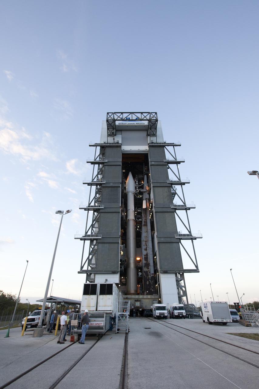 A United Launch Alliance Atlas V rocket, with the Orbital ATK Cygnus pressurized cargo module, begins to exit the Vertical Integration Facility at Space Launch Complex 41 at Cape Canaveral Air Force Station in Florida. Orbital ATK's seventh commercial resupply services mission, CRS-7, is scheduled to launch to the International Space Station on April 18, 2017. Cygnus will deliver 7,600 pounds of supplies, equipment and scientific research materials to the space station. Liftoff is scheduled for 11:11 a.m. EDT.