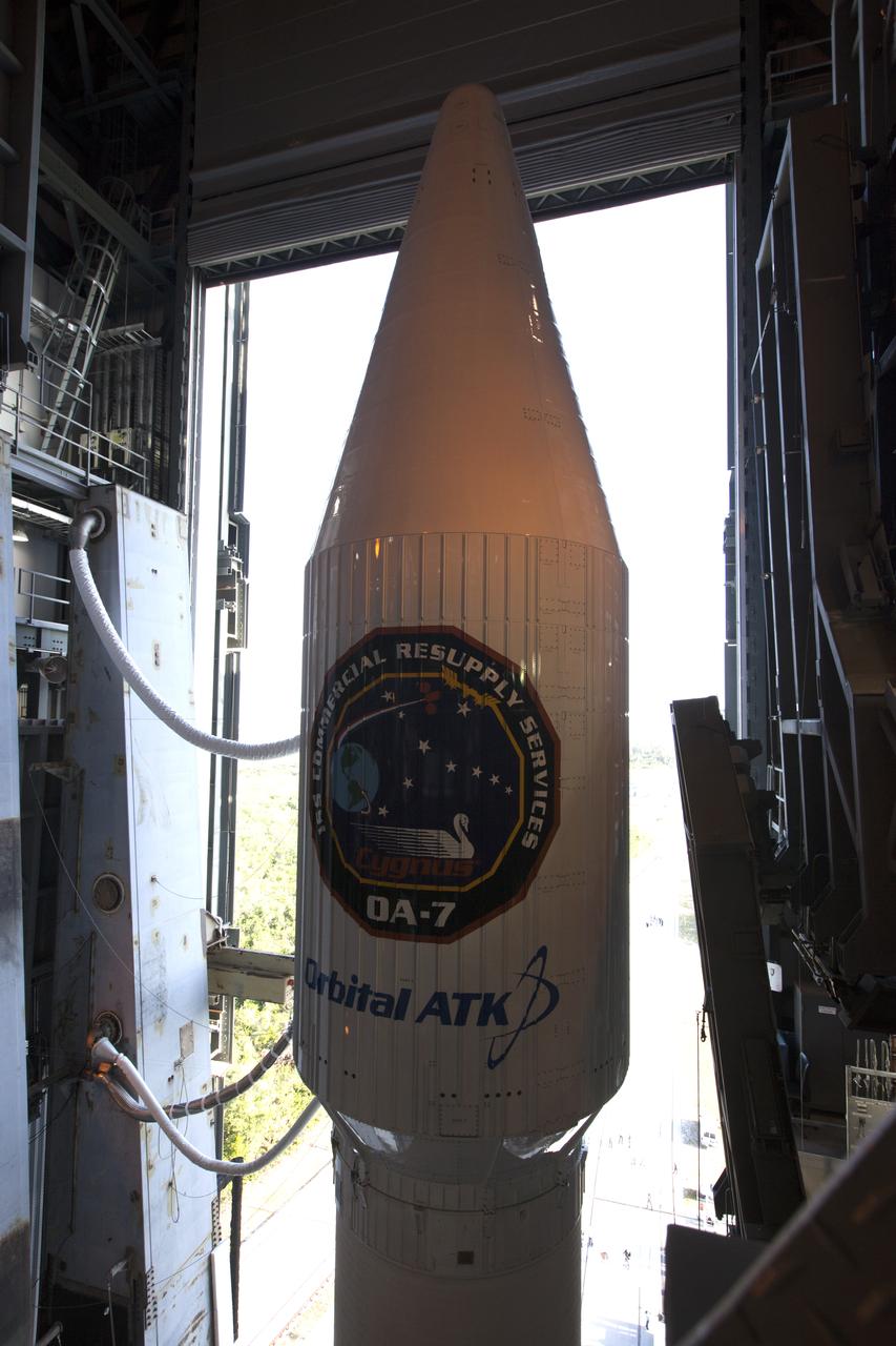 A United Launch Alliance Atlas V rocket, with the Orbital ATK Cygnus pressurized cargo module, exits the Vertical Integration Facility at Space Launch Complex 41 at Cape Canaveral Air Force Station in Florida. Orbital ATK's seventh commercial resupply services mission, CRS-7, is scheduled to launch to the International Space Station on April 18, 2017. Cygnus will deliver 7,600 pounds of supplies, equipment and scientific research materials to the space station. Liftoff is scheduled for 11:11 a.m. EDT.