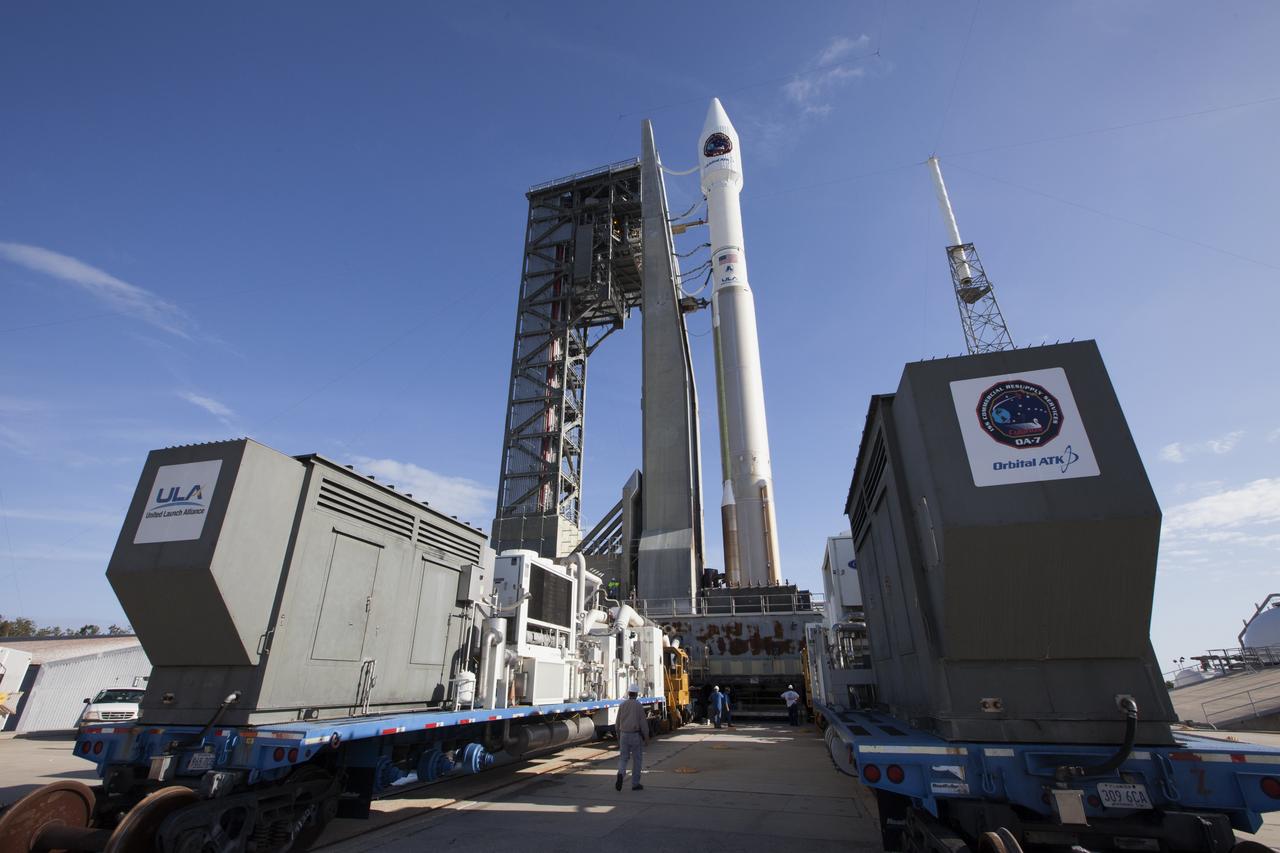 A United Launch Alliance Atlas V rocket, with the Orbital ATK Cygnus pressurized cargo module, arrives at the pad at Space Launch Complex 41 at Cape Canaveral Air Force Station in Florida. Orbital ATK's seventh commercial resupply services mission, CRS-7, is scheduled to launch to the International Space Station on April 18, 2017. Cygnus will deliver 7,600 pounds of supplies, equipment and scientific research materials to the space station. Liftoff is scheduled for 11:11 a.m. EDT.