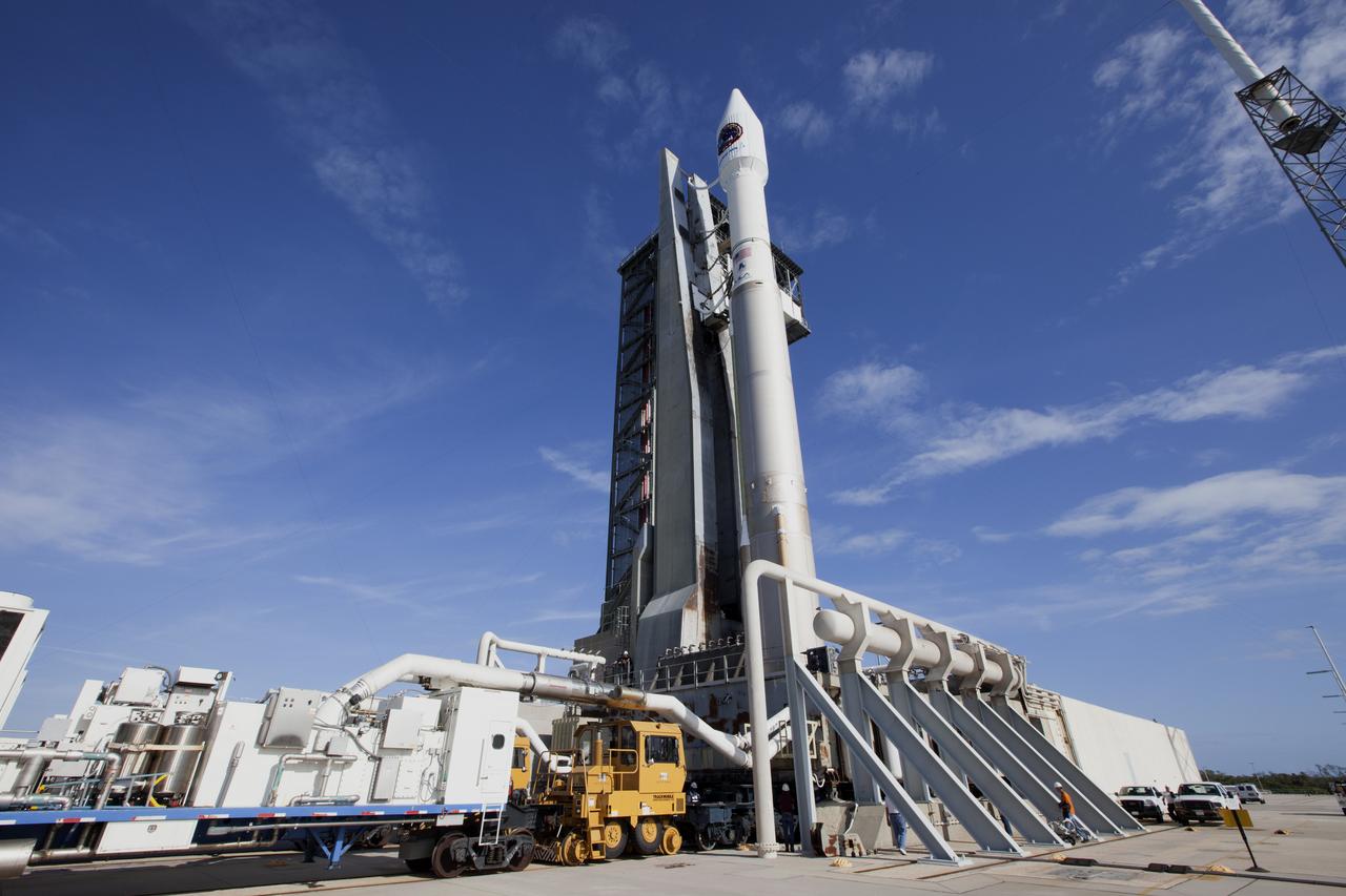 A United Launch Alliance Atlas V rocket, with the Orbital ATK Cygnus pressurized cargo module, arrives at the pad at Space Launch Complex 41 at Cape Canaveral Air Force Station in Florida. Orbital ATK's seventh commercial resupply services mission, CRS-7, is scheduled to launch to the International Space Station on April 18, 2017. Cygnus will deliver 7,600 pounds of supplies, equipment and scientific research materials to the space station. Liftoff is scheduled for 11:11 a.m. EDT.