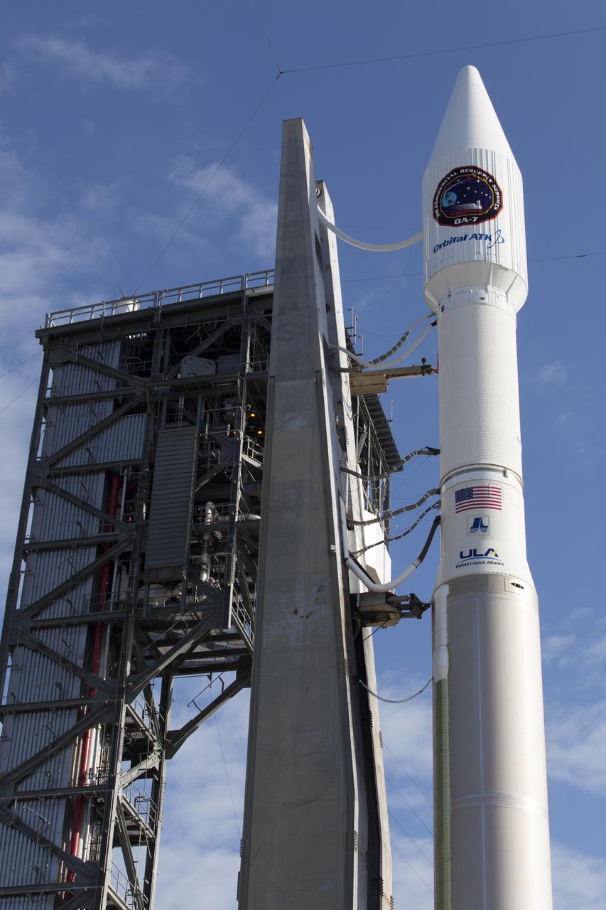 A United Launch Alliance Atlas V rocket, with the Orbital ATK Cygnus pressurized cargo module, arrives at the pad at Space Launch Complex 41 at Cape Canaveral Air Force Station in Florida. Orbital ATK's seventh commercial resupply services mission, CRS-7, is scheduled to launch to the International Space Station on April 18, 2017. Cygnus will deliver 7,600 pounds of supplies, equipment and scientific research materials to the space station. Liftoff is scheduled for 11:11 a.m. EDT.